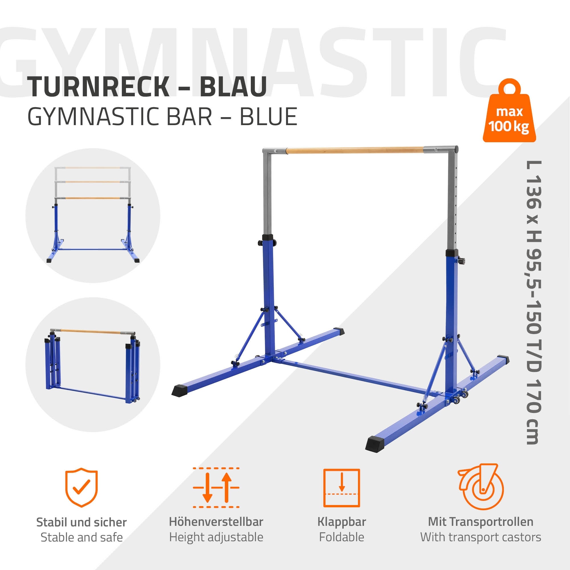 Grafik zur blauen Turnstange mit max. 100 kg Belastbarkeit und höhenverstellbaren Funktionen.