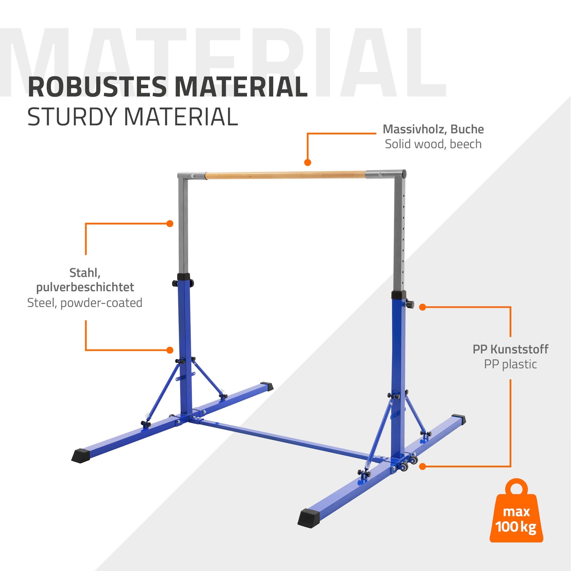 Turngerät aus robustem Material mit Holzstange und stabilen Füßen.