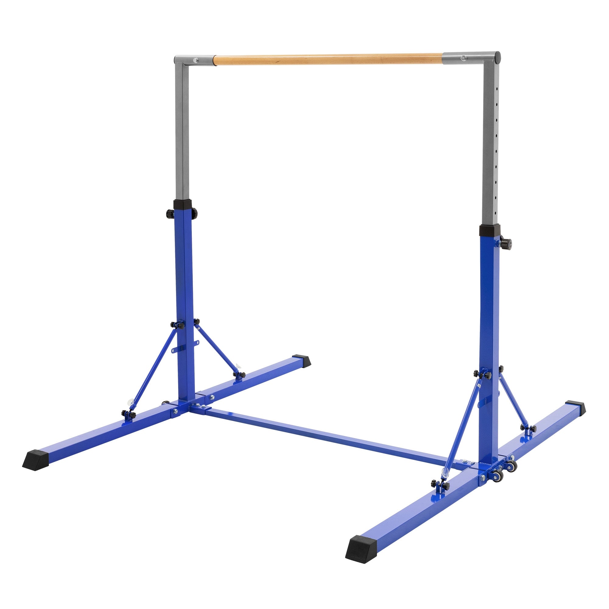 Turngerät in blauer Farbe mit stabiler Basis und verstellbarer Stange.