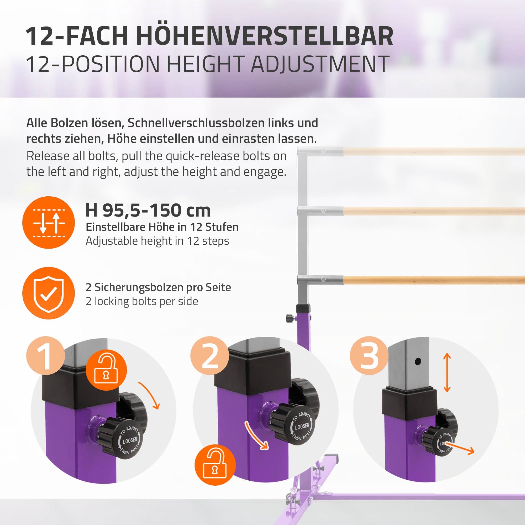 Grafik zur höhenverstellbaren Turnstange mit Einstellmöglichkeiten und Sicherheitsbolzen.