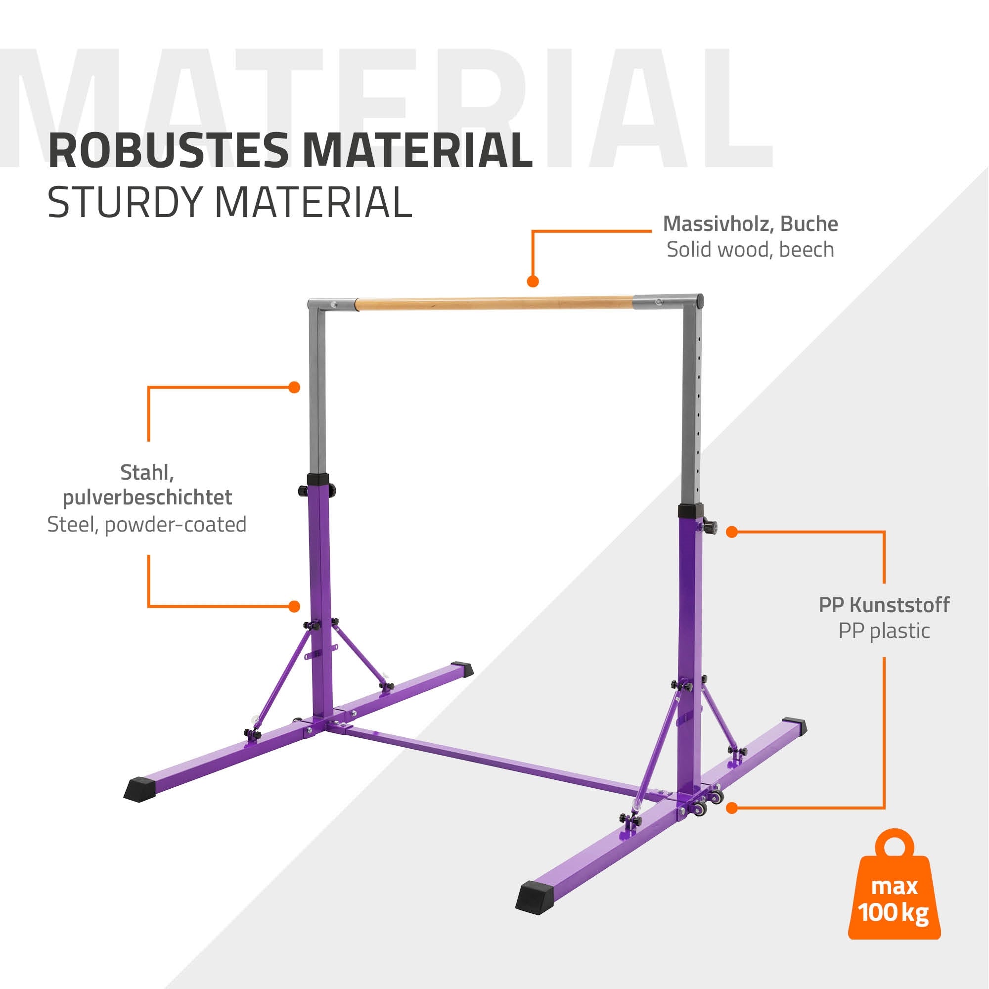 Turngerät aus robustem Material mit Beschreibung der Materialien und maximaler Belastung.