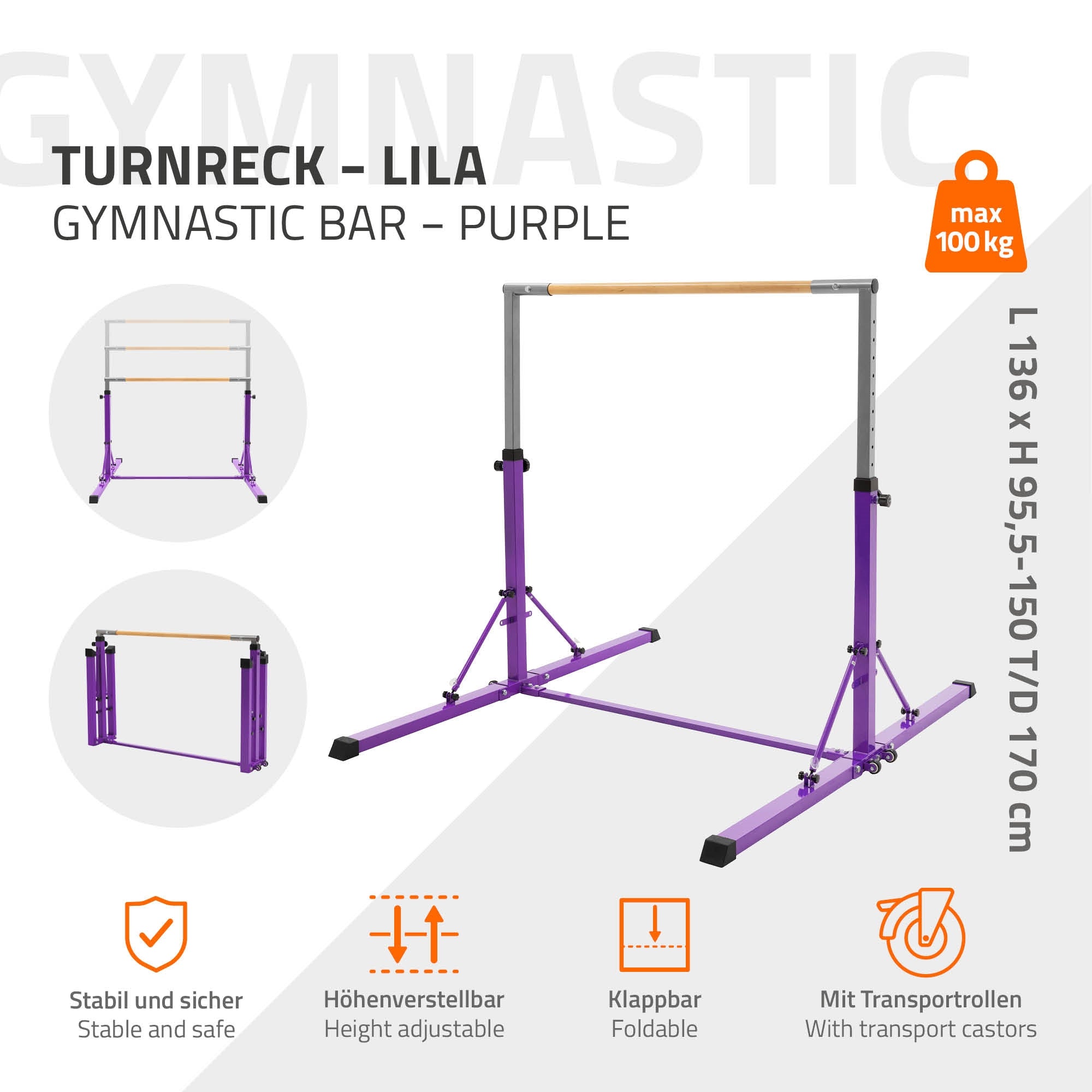 Turnreck in lila, höhenverstellbar, max. 100 kg.
