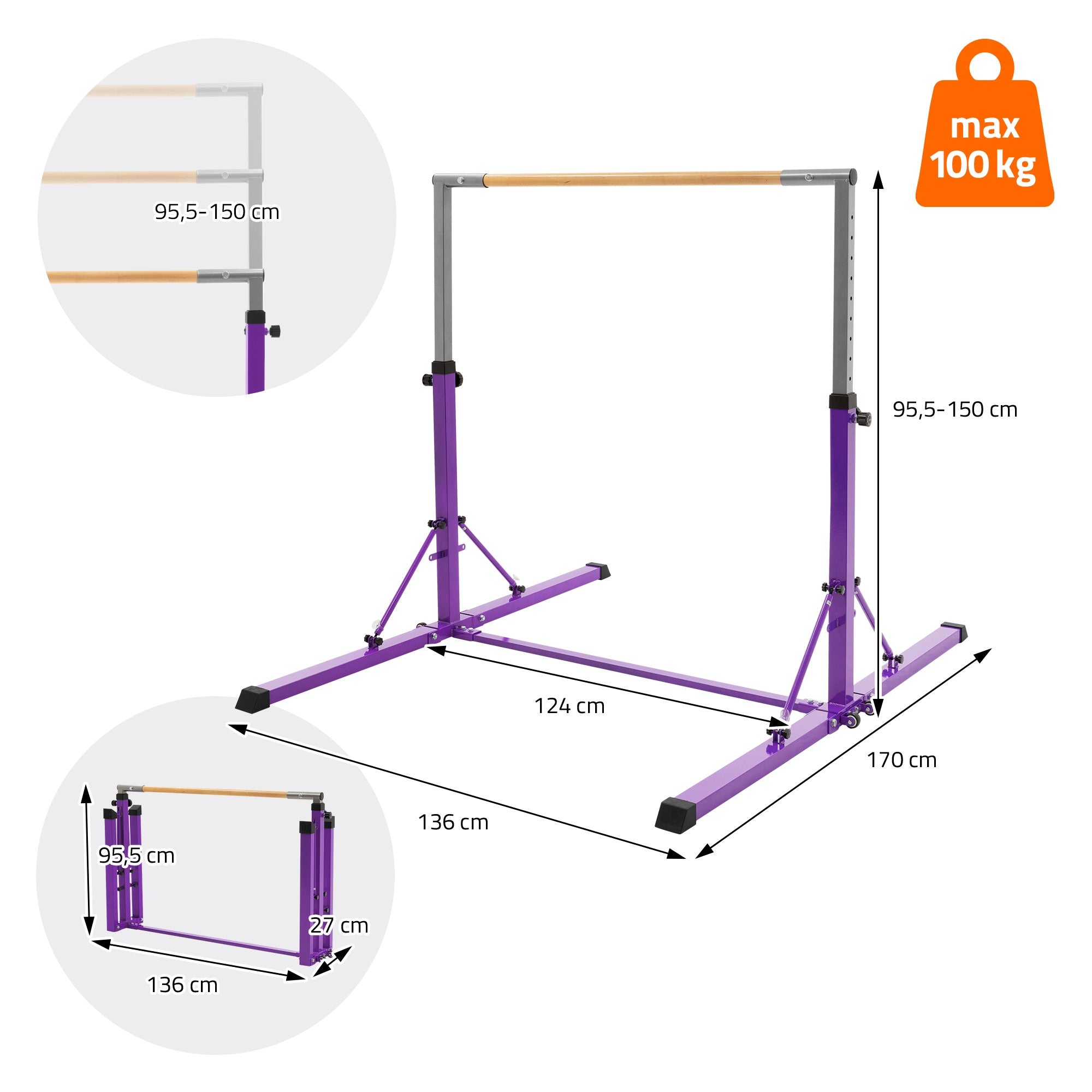Turngerät mit verstellbarem Holzstangen und stabiler Basis.