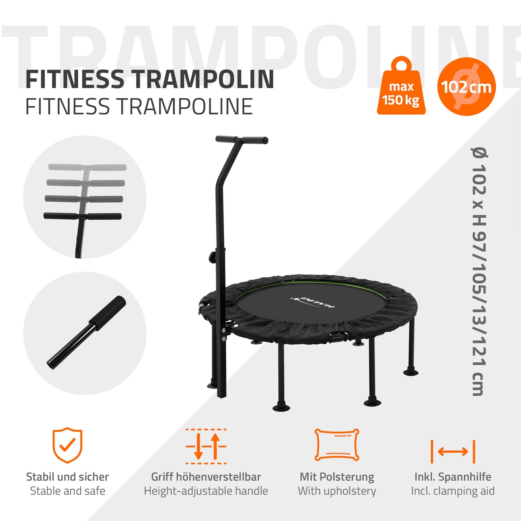 Fitness-Trampolin mit höhenverstellbarem Griff und gepolstertem Rand.