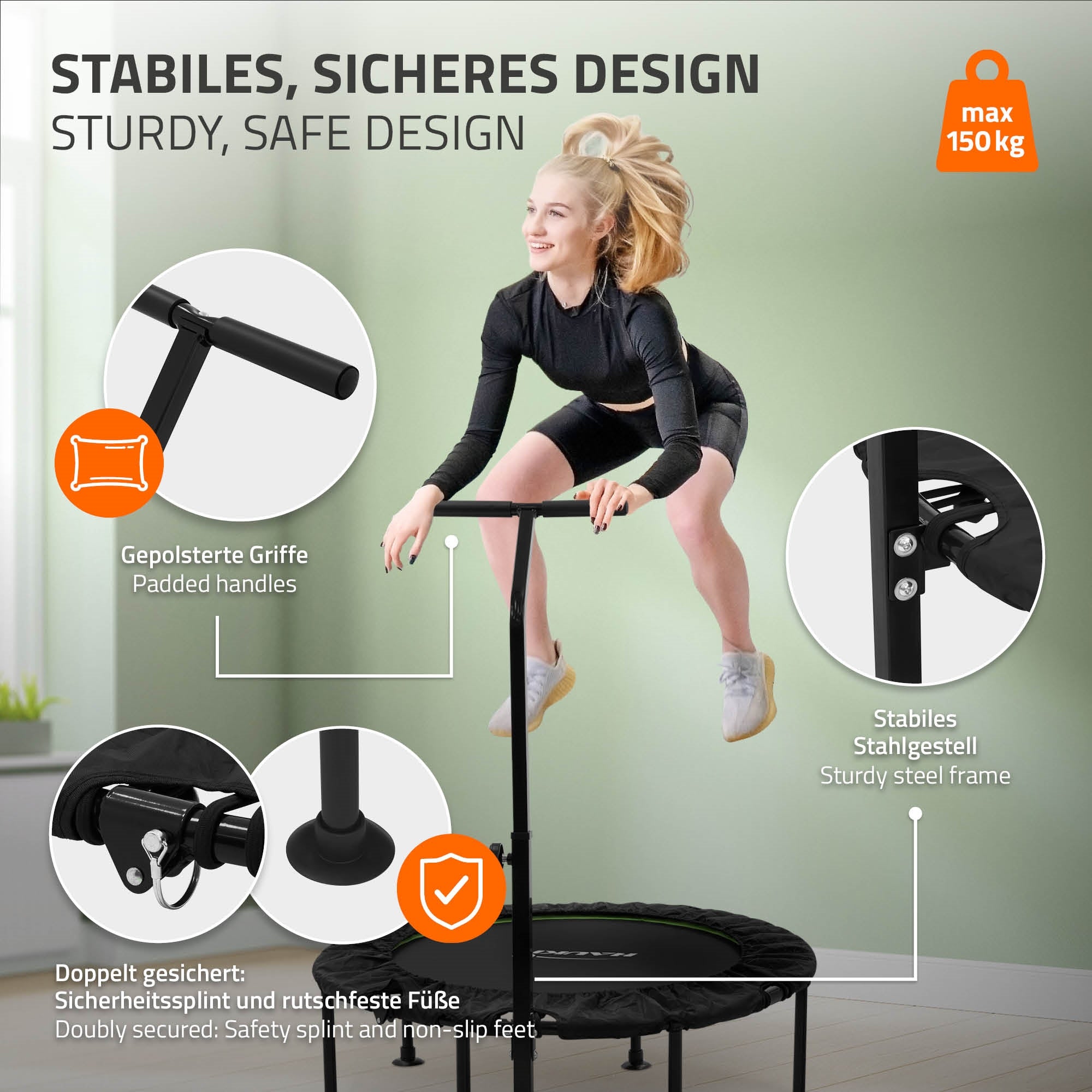 Trampolin mit Sicherheitsgriff und stabiler Konstruktion, max. 150 kg.