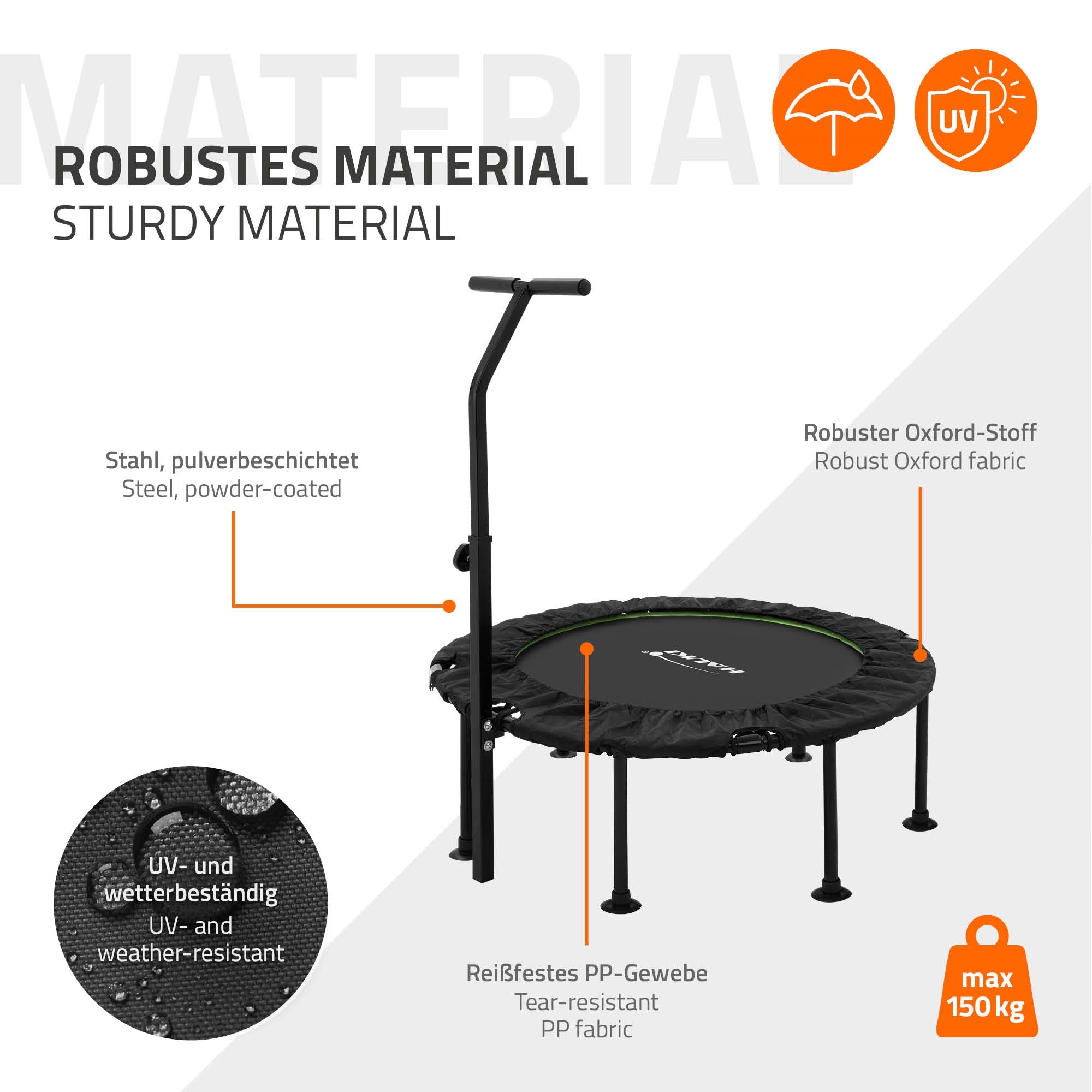 Grafik mit Informationen zu robustem Material eines Trampolins.