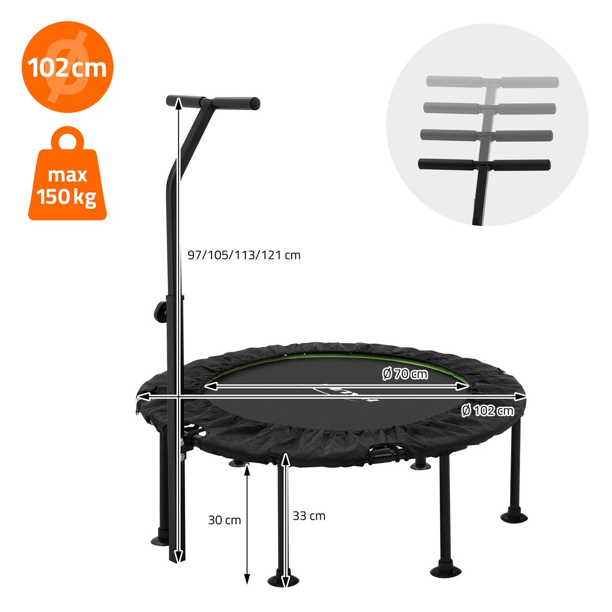 Trampolína s rozměry a rukojetí na bílém pozadí.
