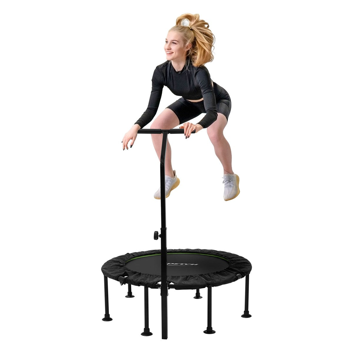A person is jumping on a trampoline with a support handle.