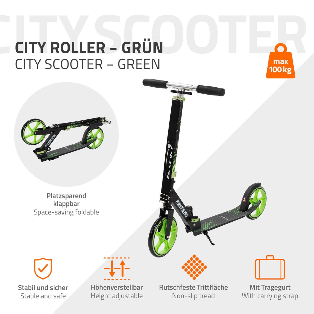 Ein grüner City Roller mit rutschfester Trittfläche.