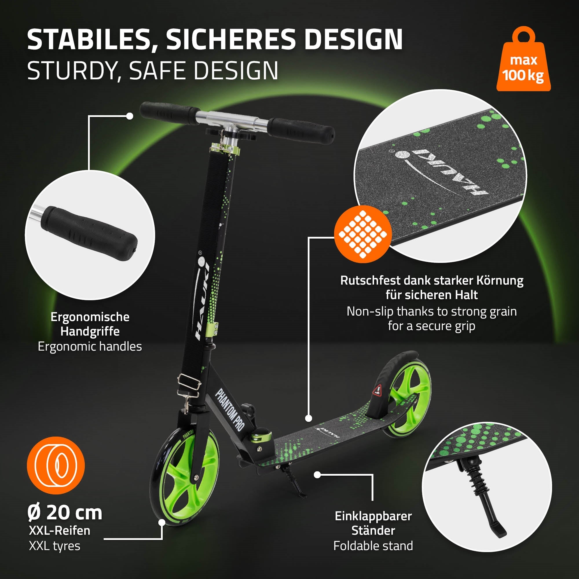 Scooter con maniglie ergonomiche e superficie antiscivolo, max. 100 kg.