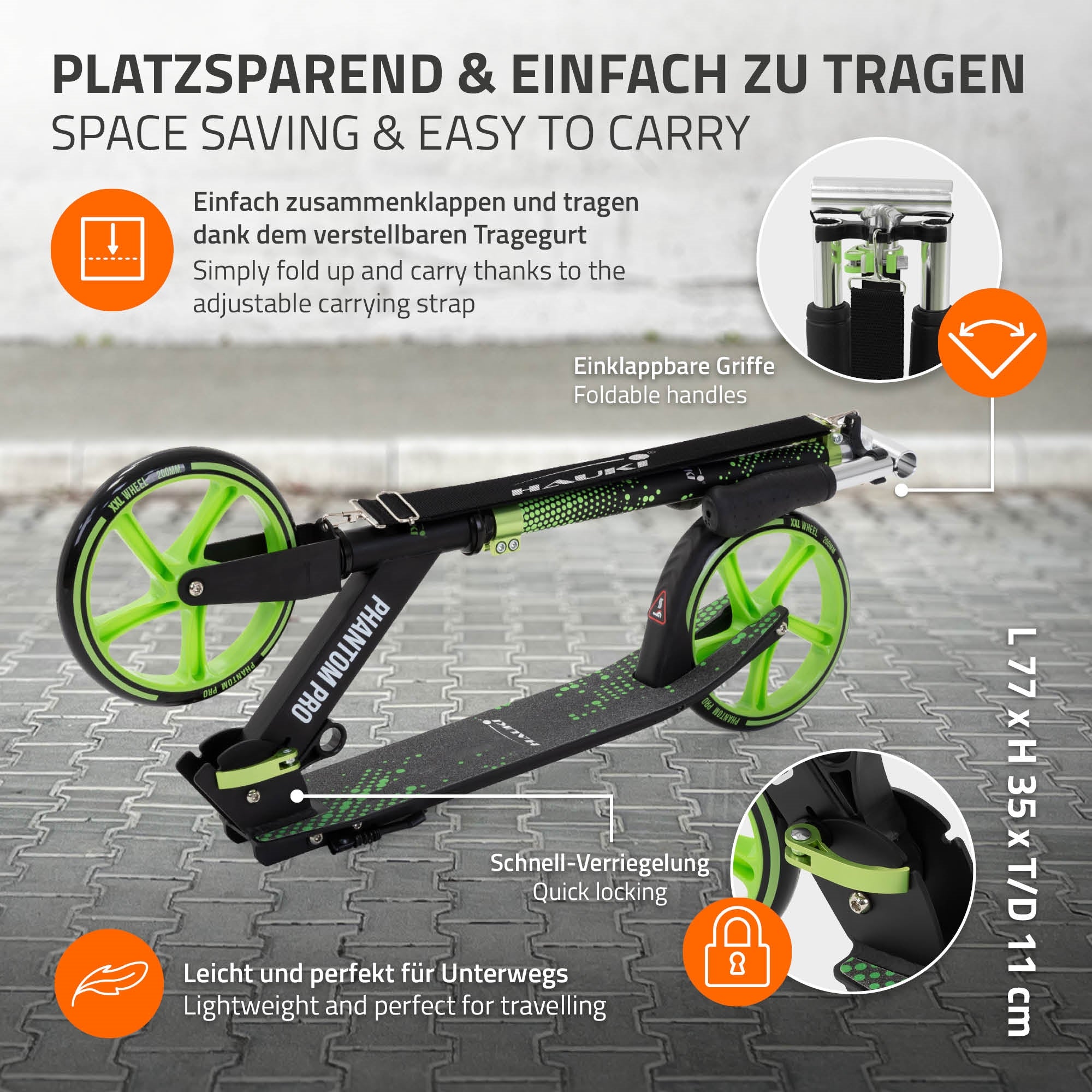 Uno scooter pieghevole con ruote verdi e una tracolla su un pavimento grigio.
