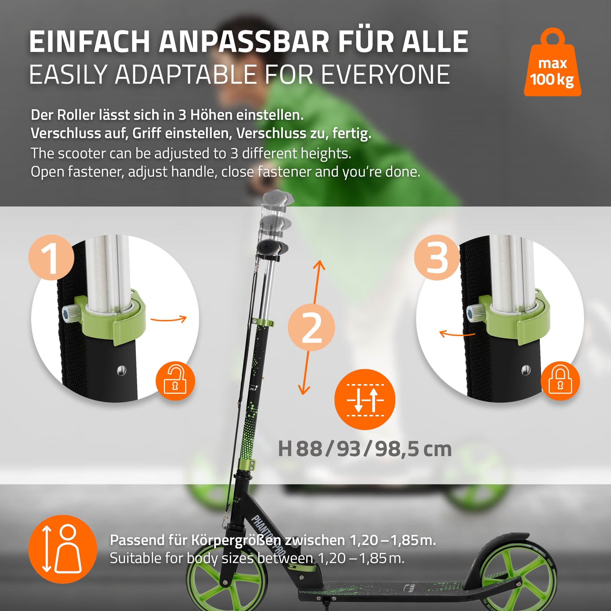 Ein verstellbarer Roller mit technischen Details.