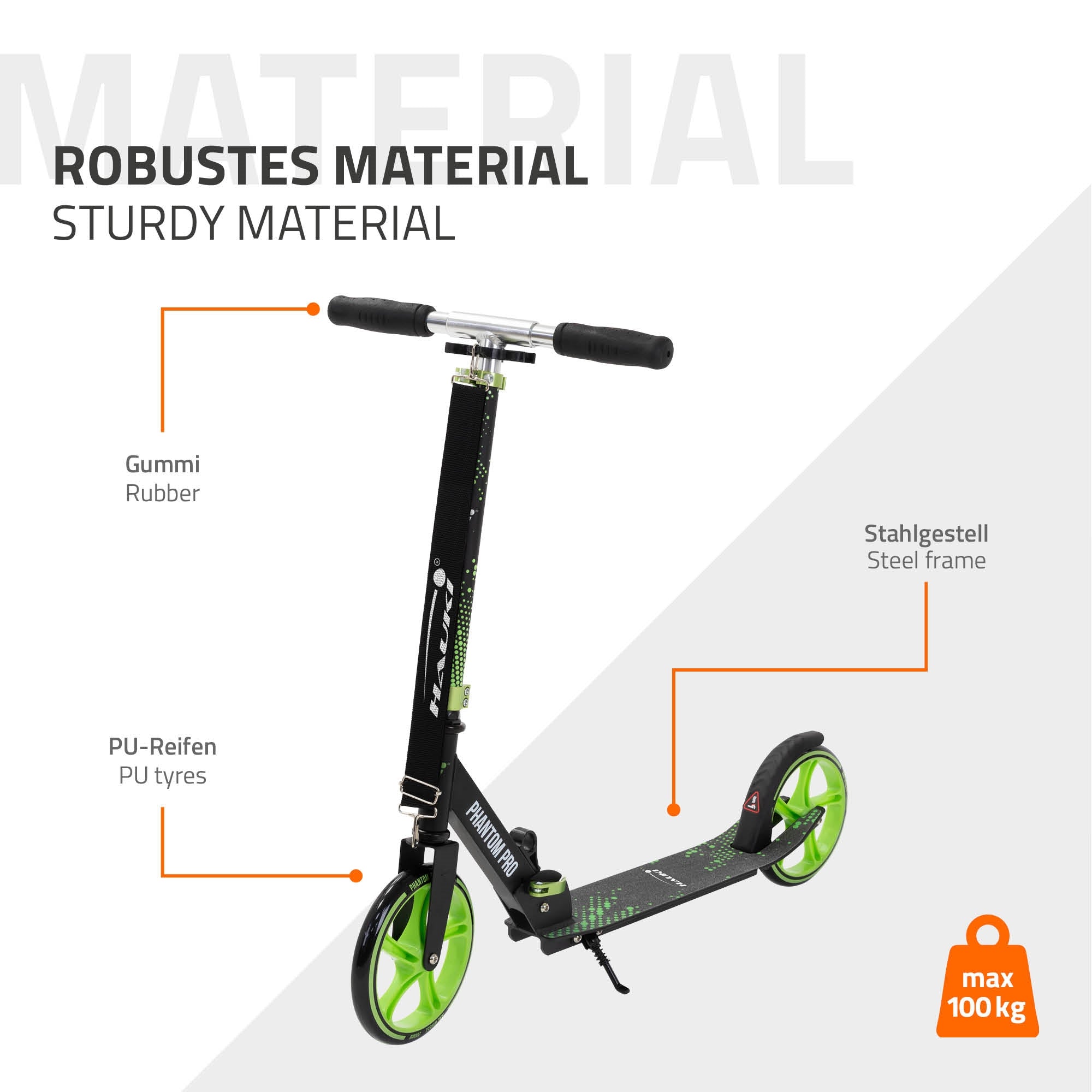 Scooter mit grünem Design, Gummigriffen und Stahlgestell, max. 100 kg.