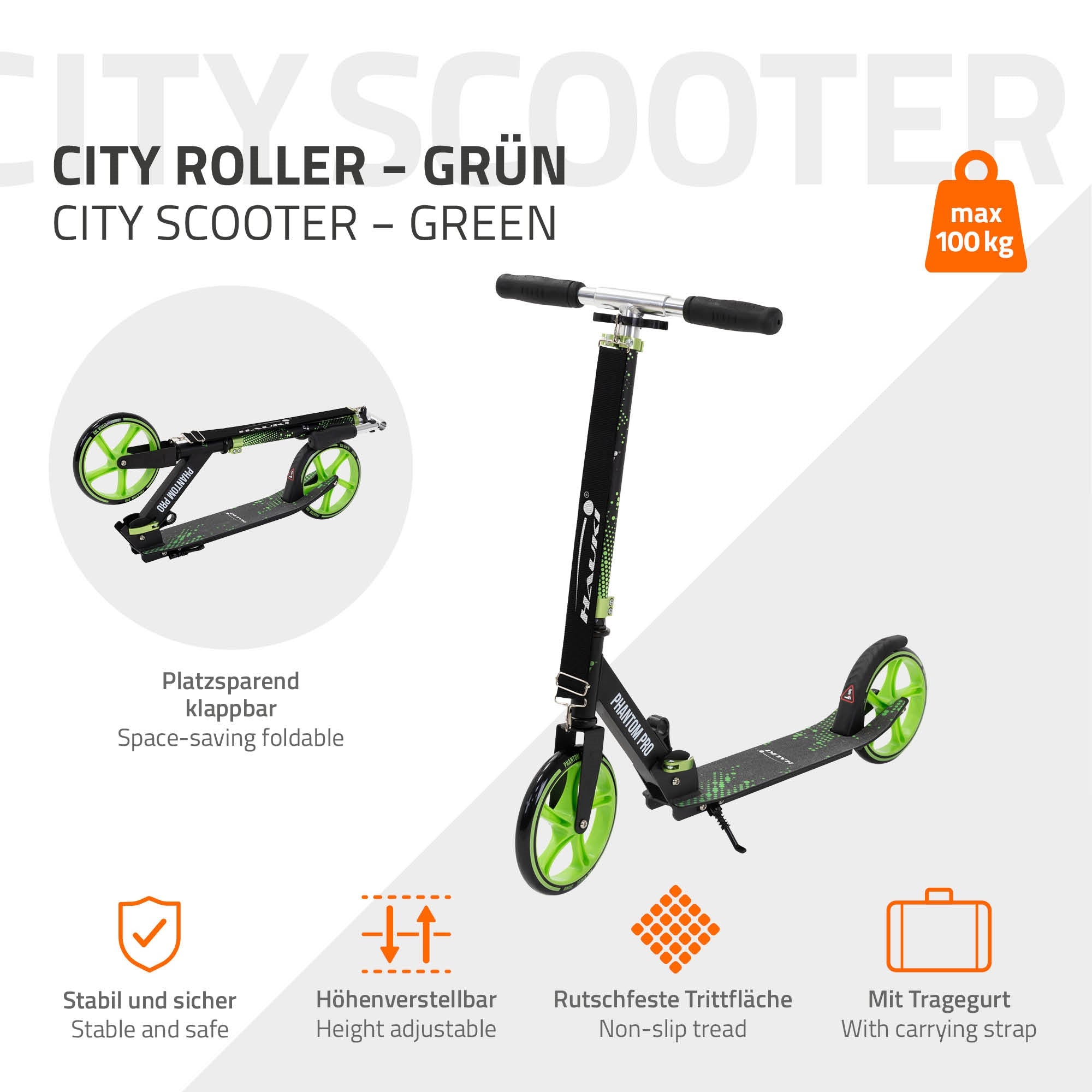Ein grüner City Roller mit rutschfester Trittfläche.