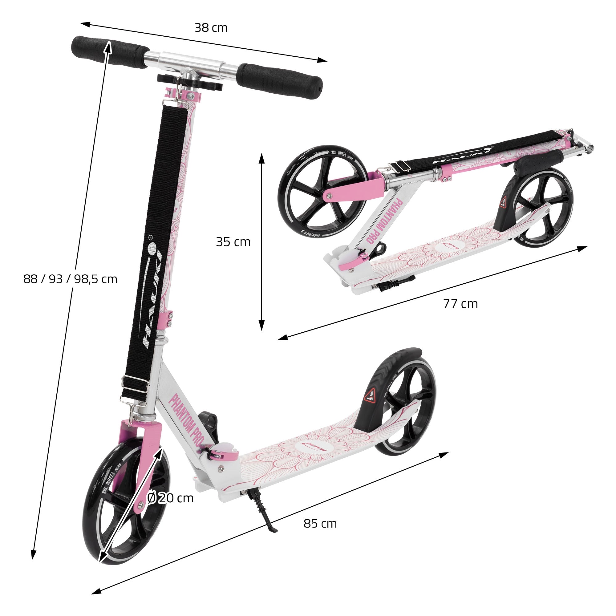 Un monopattino rosa con design pieghevole e diverse misure.