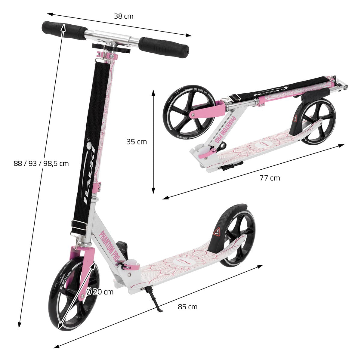 Ein pinker Cityroller mit abklappbarem Design und verschiedenen Maßen.
