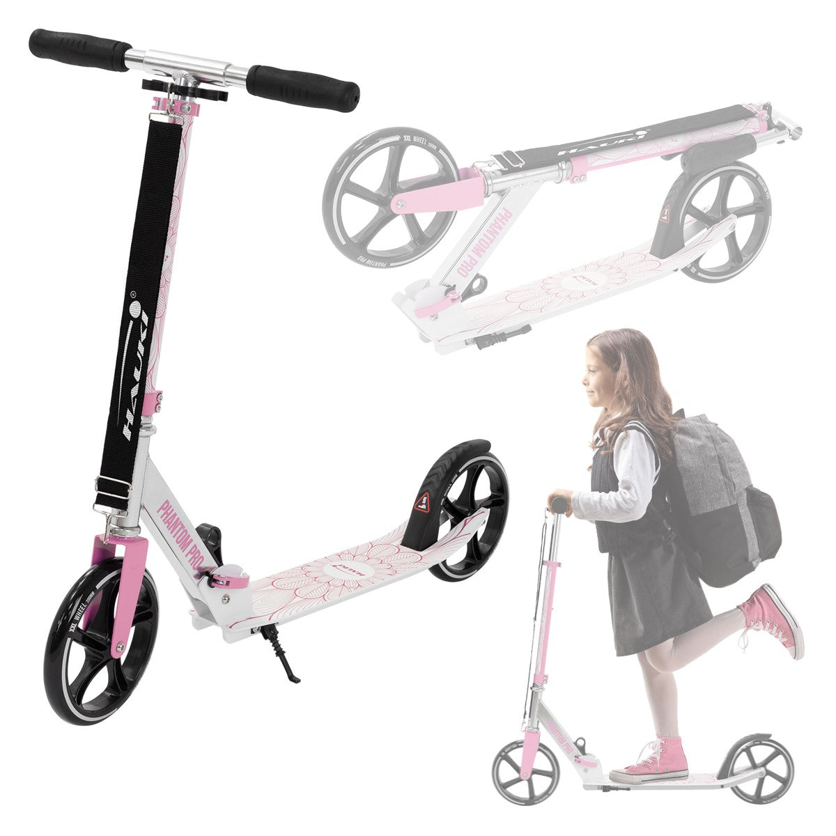 Roller in pink und schwarz, mit einem Kind, das darauf steht.