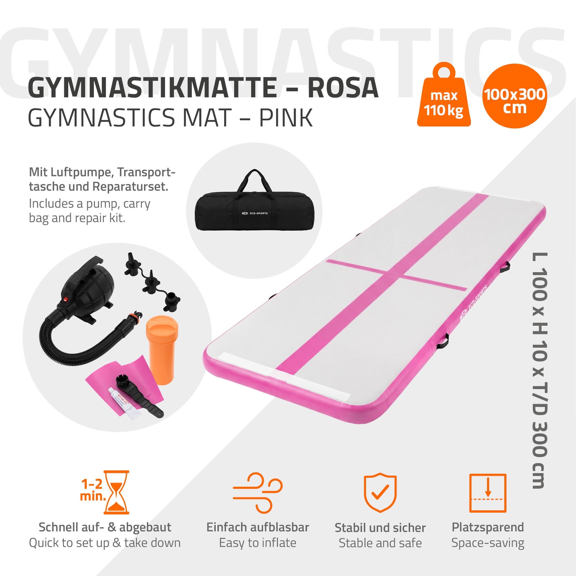 Rosa Gymnastikmatte mit Zubehör wie Pumpe und Tragetasche.