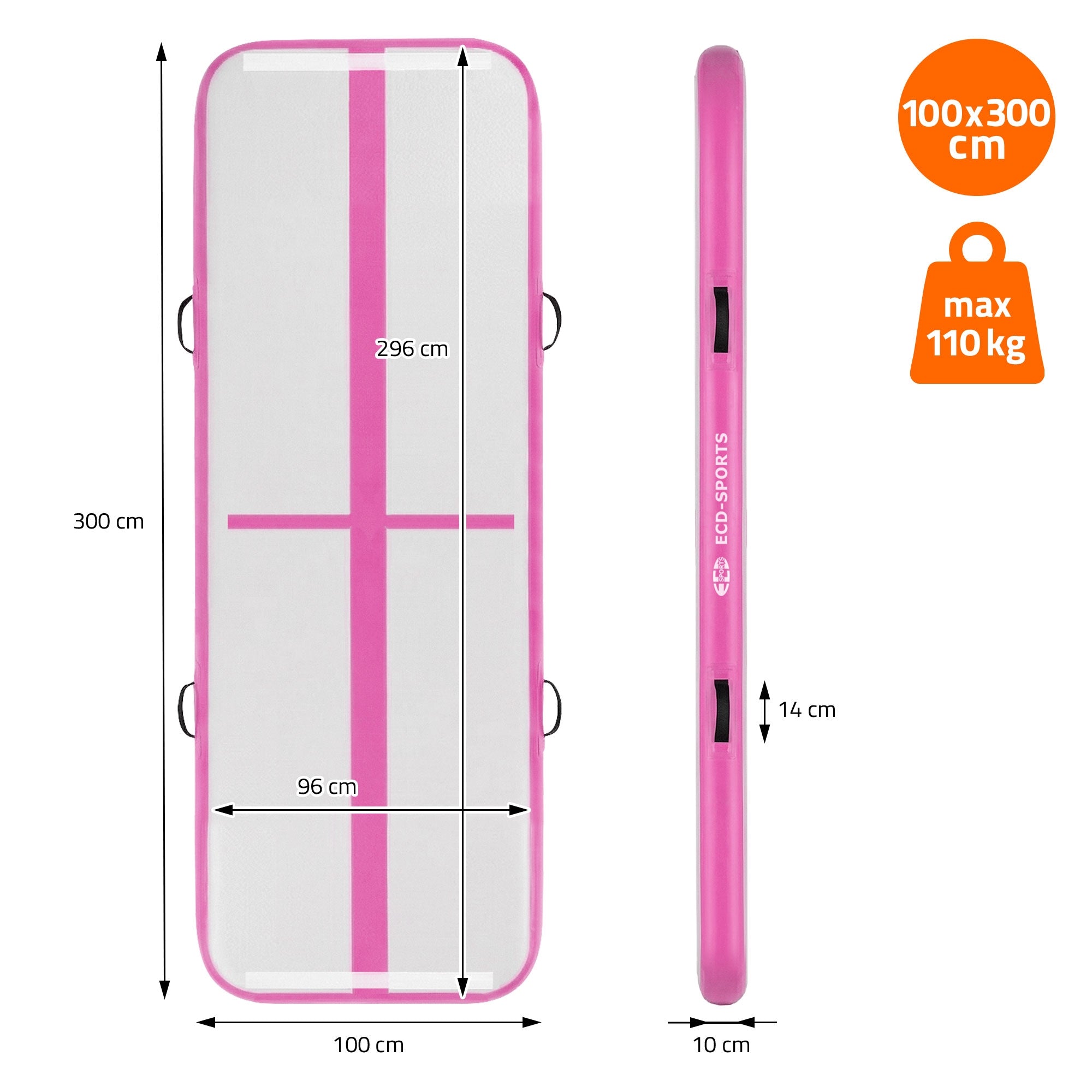 Vzduchová matrace v růžové barvě s rozměry 100x300 cm a maximální nosností 110 kg.