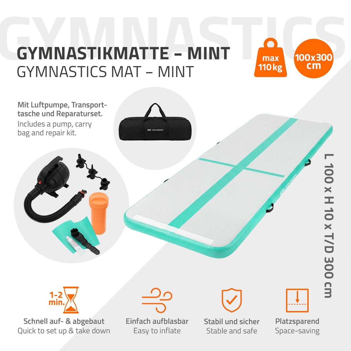 Tapis de gymnastique vert menthe avec des accessoires tels qu’une pompe et un sac de transport.