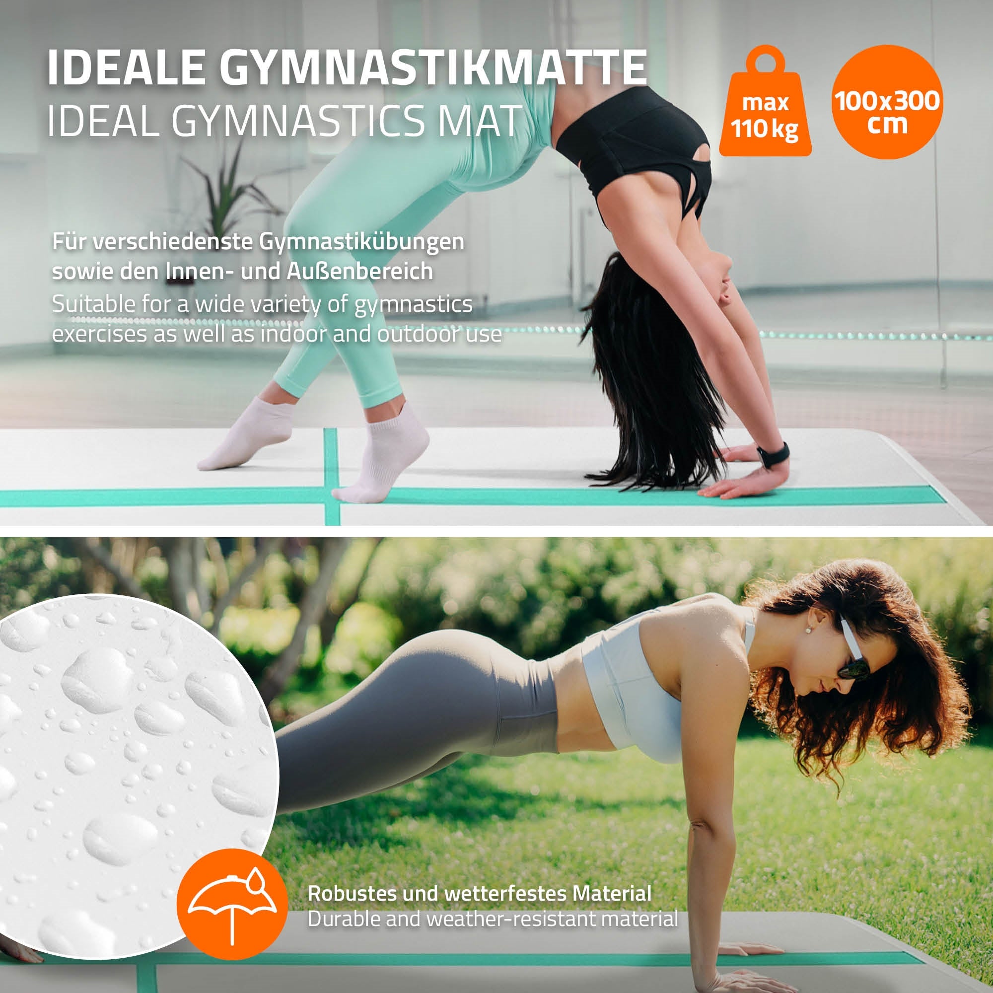 Gymnastikmåtte med en kvinde i en øvelse, nedenfor information om materialet.