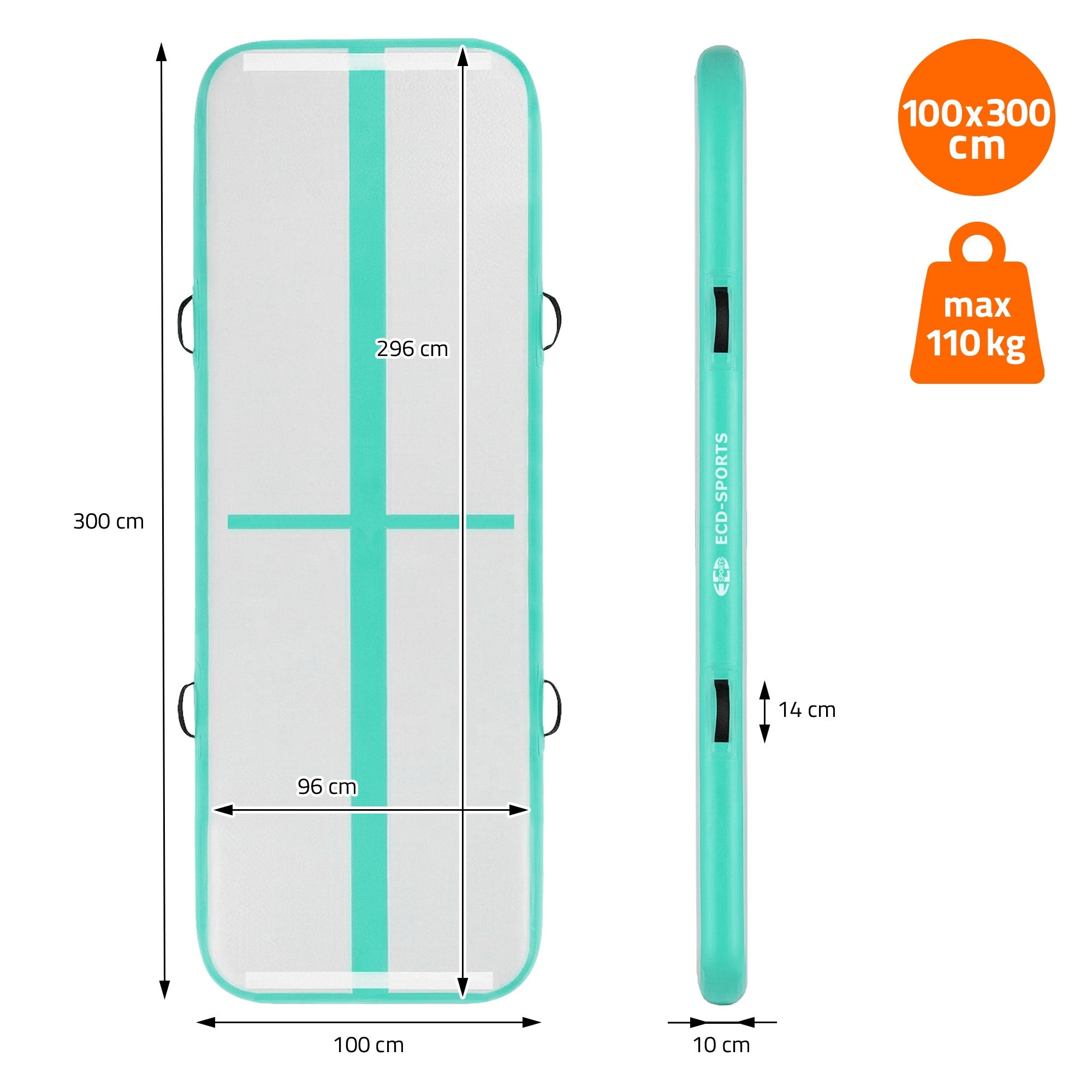 Luftmadras i mintgrøn med målene 100x300 cm og maksimal belastning på 110 kg.