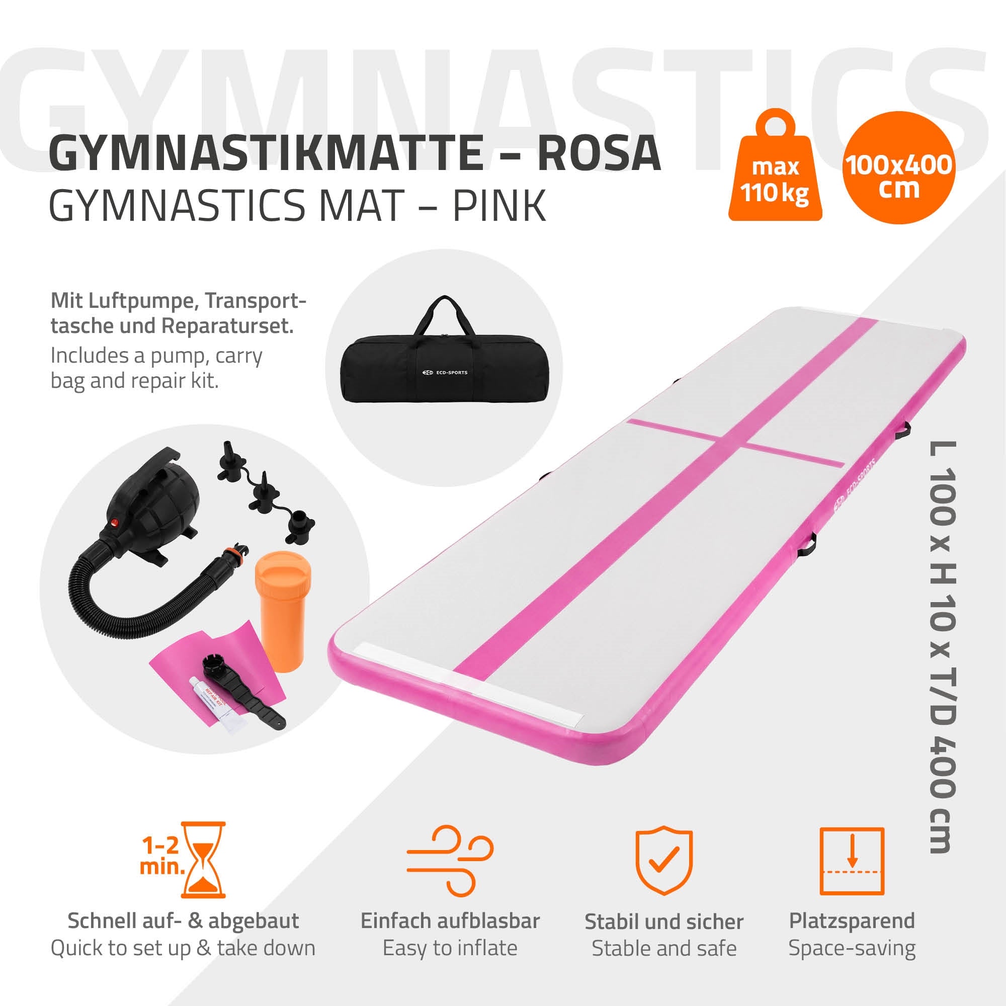Gymnastikmatte in rosa mit Zubehör, inkl. Pumpe und Tragetasche.