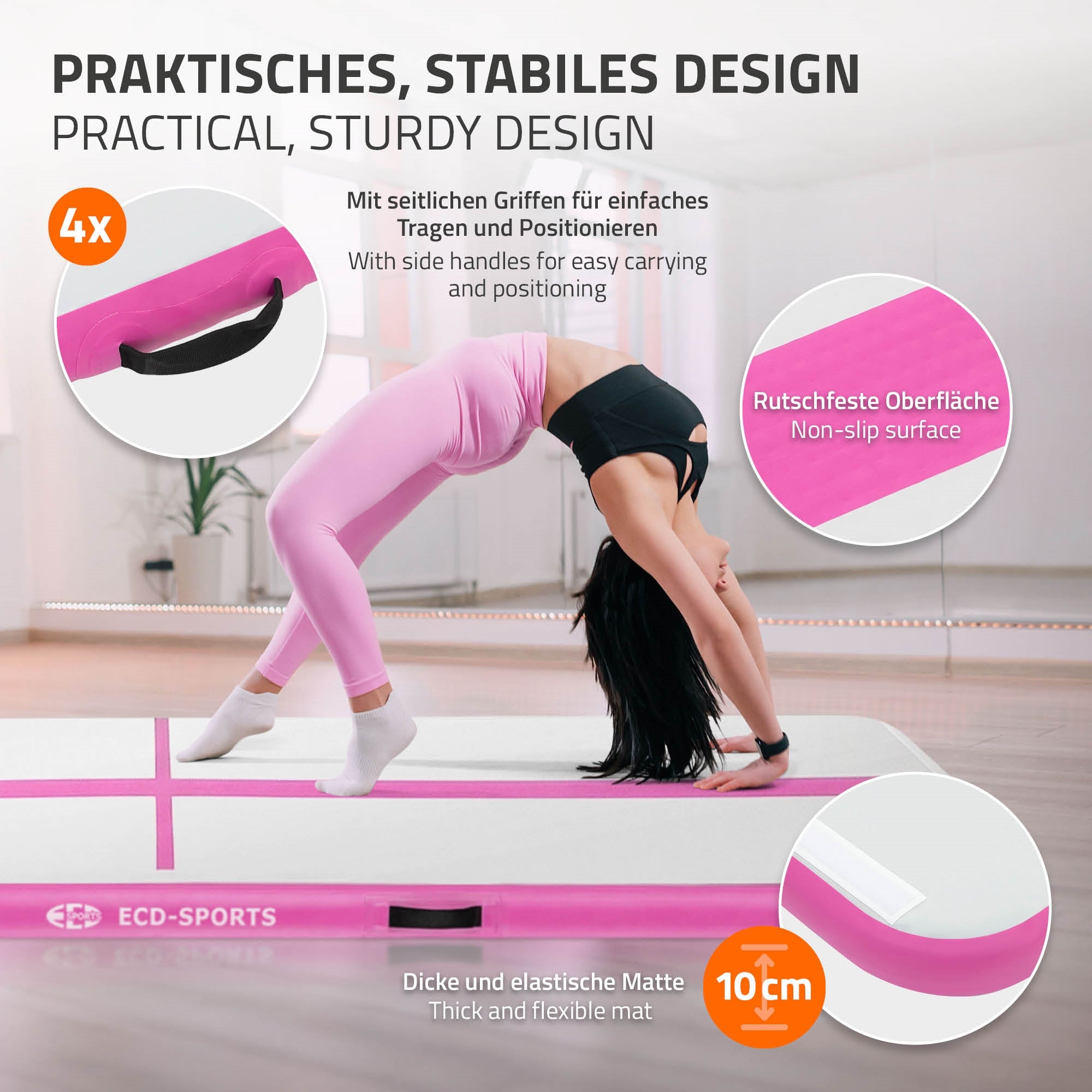 Frau in Sportkleidung macht eine Dehnübung auf einer Gymnastikmatte.