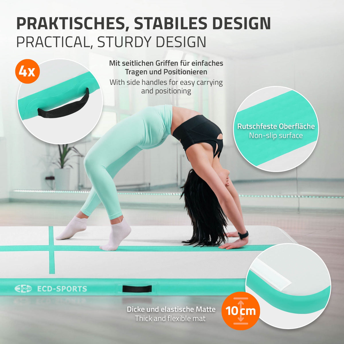 Tyrkis gymnastikmåtte med detaljer om design og skridsikker overflade.