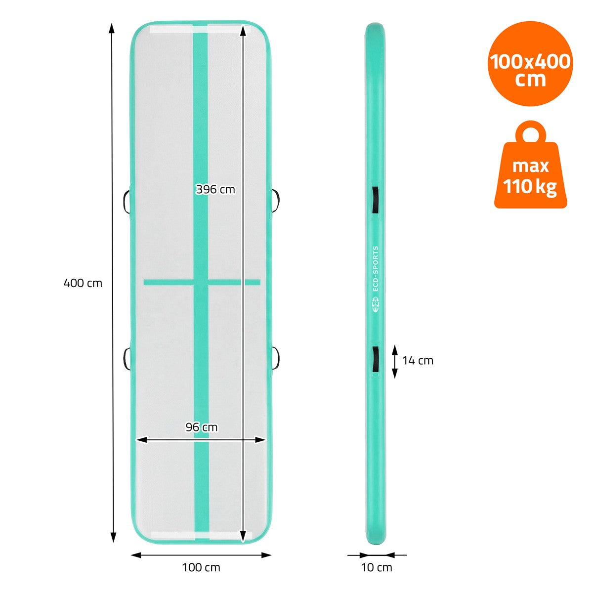 Dimensions of a mint green gymnastics mat, 100 × 400 cm, max. 110 kg.