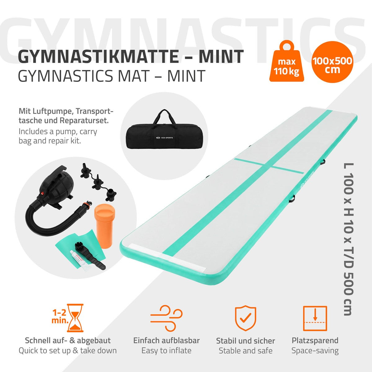 Gymnastikmatte in mintgrün mit Zubehör und Transportmöglichkeiten.