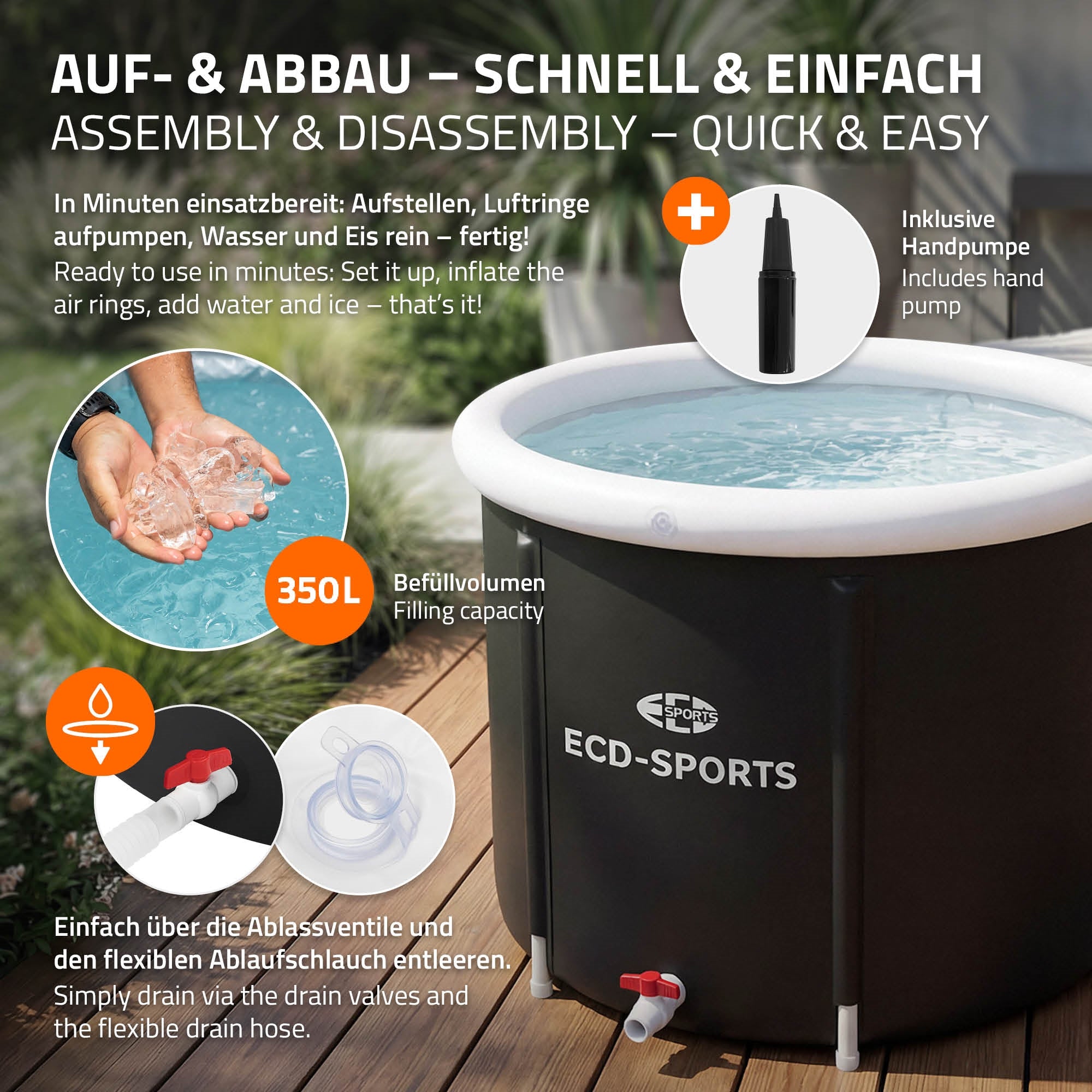 Grafik zur einfachen Montage und Befüllung eines aufblasbaren Pools.