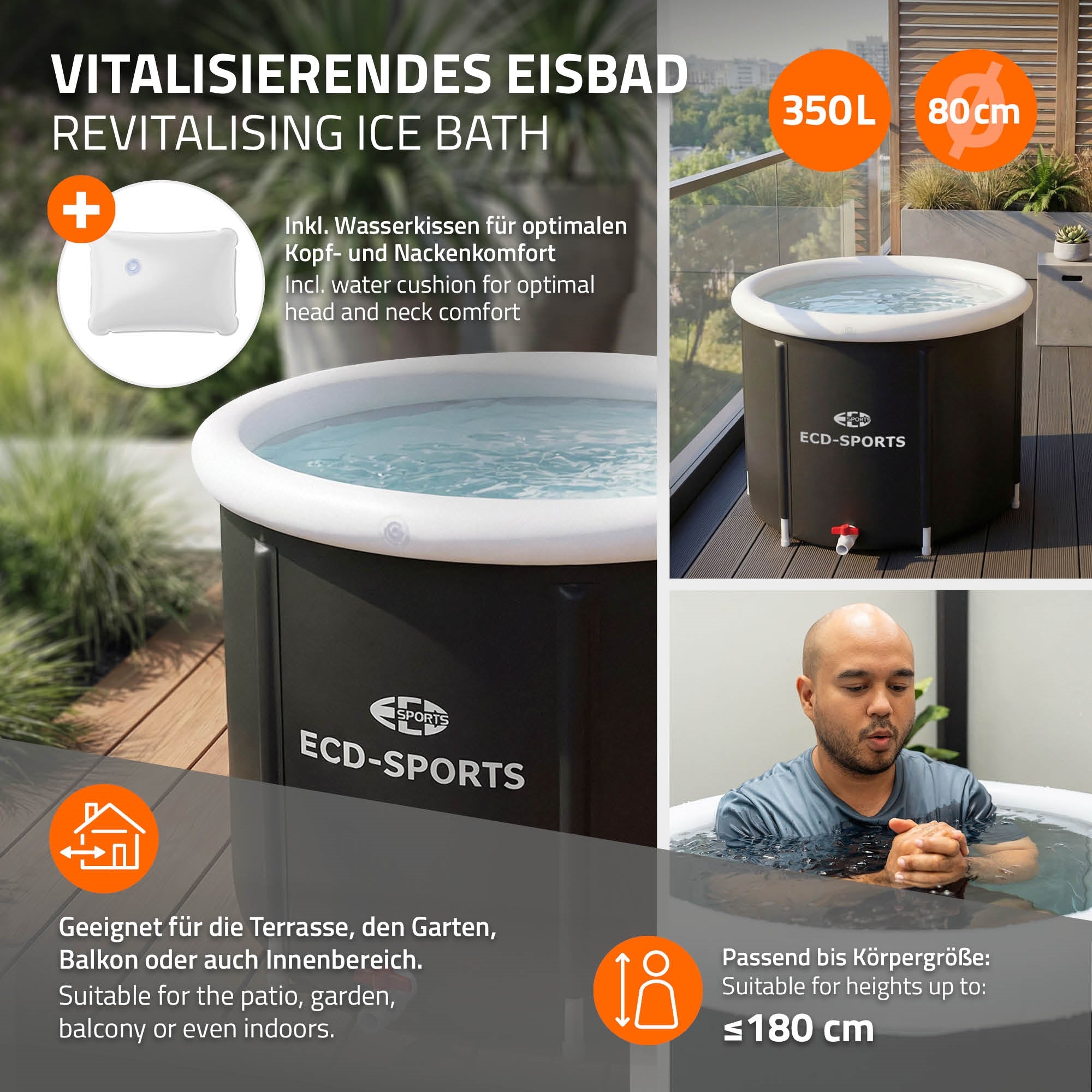 Eisbadebecken mit Wasser und einem Kissen für Kopf- und Nackenkomfort.