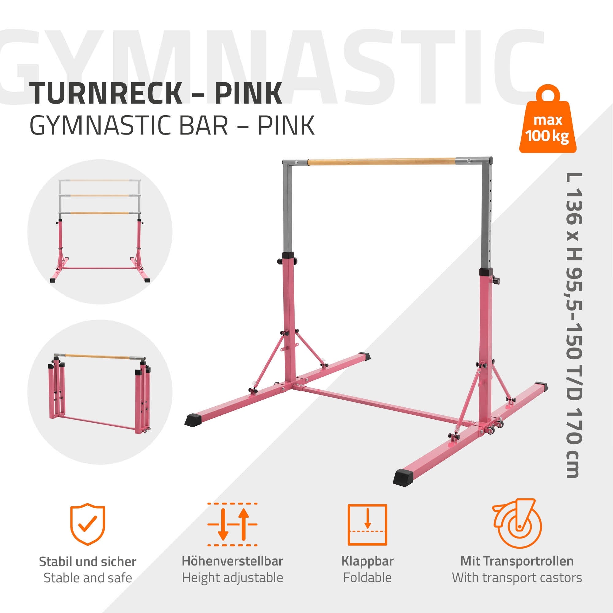 Turnreck in Pink mit stabilen Füßen und höhenverstellbarem Balken.
