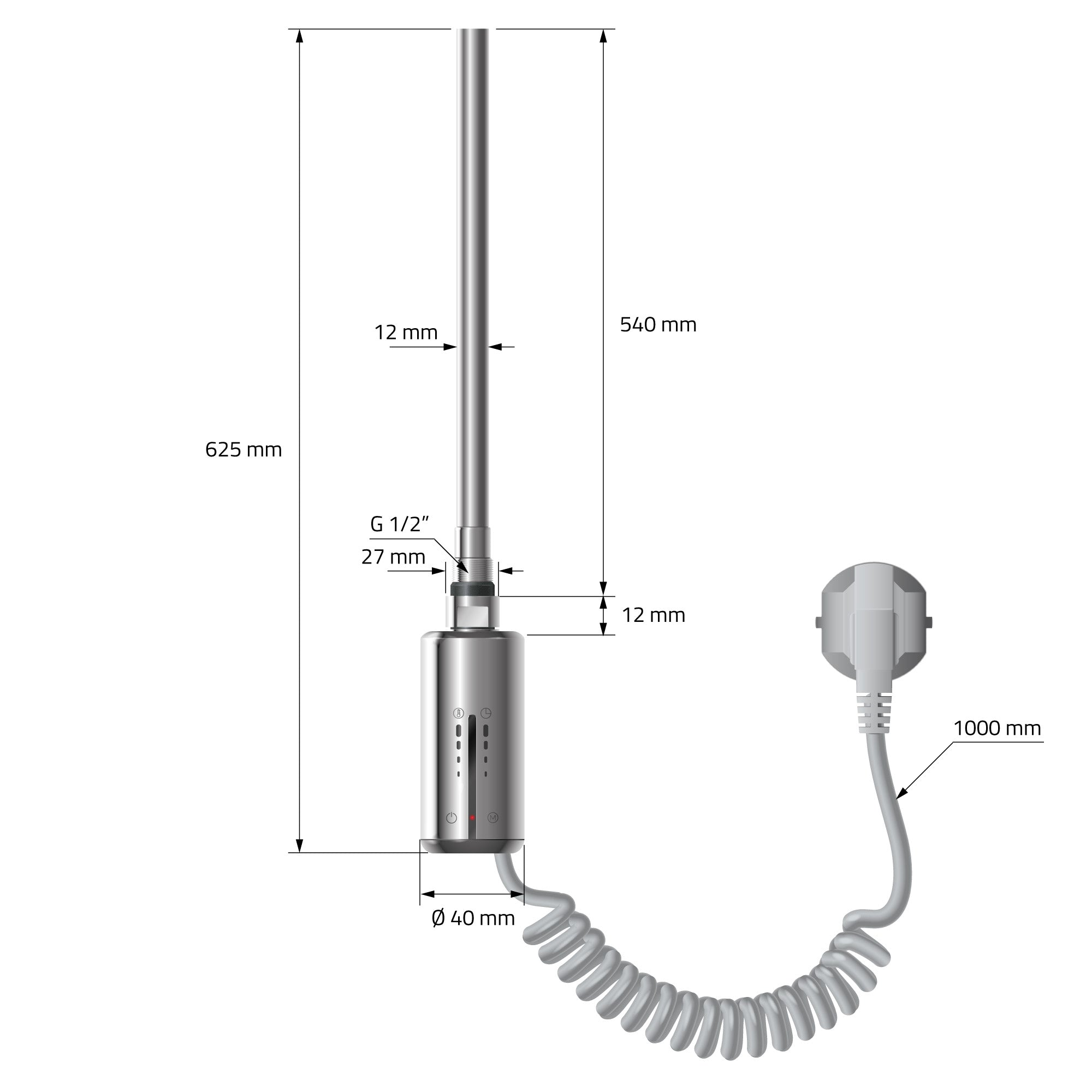 Verwarmingselement met chroomkleurige oppervlakte en kabel.