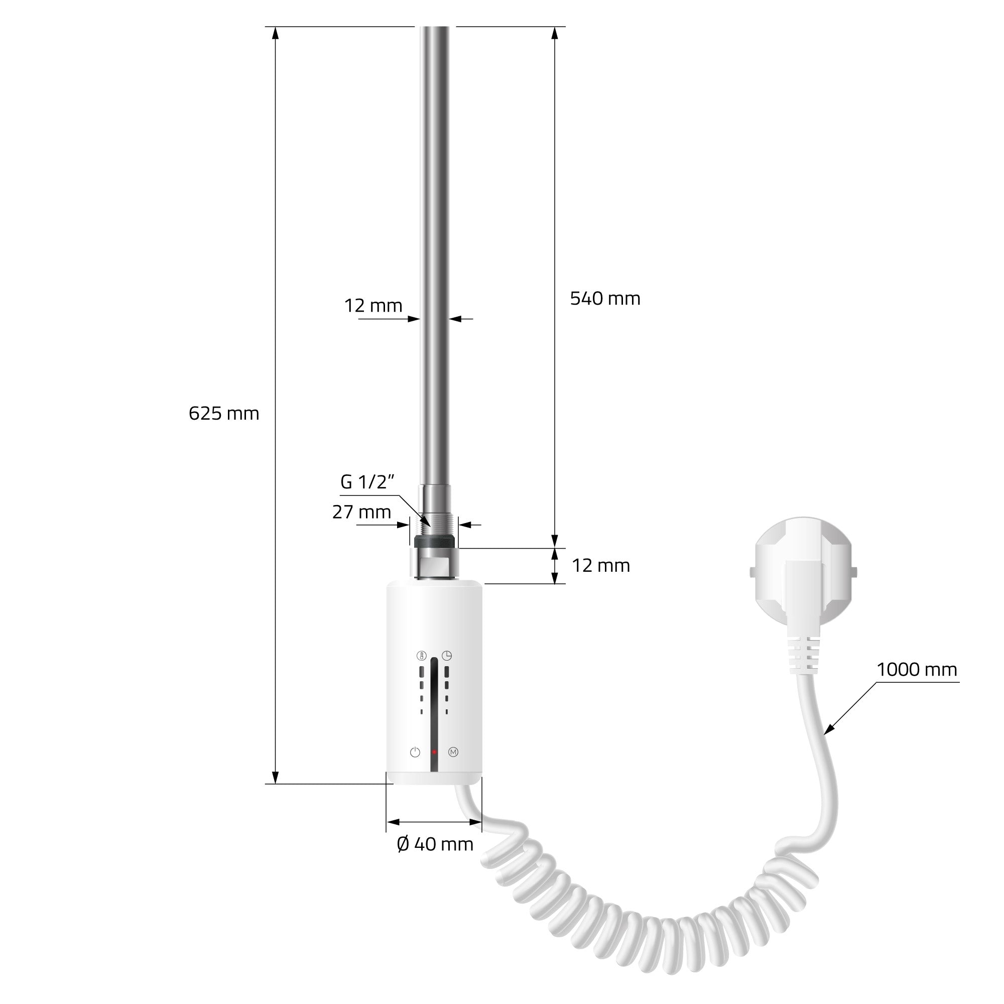 Heizstab in Weiß mit digitalem Display und Spiralkabel.