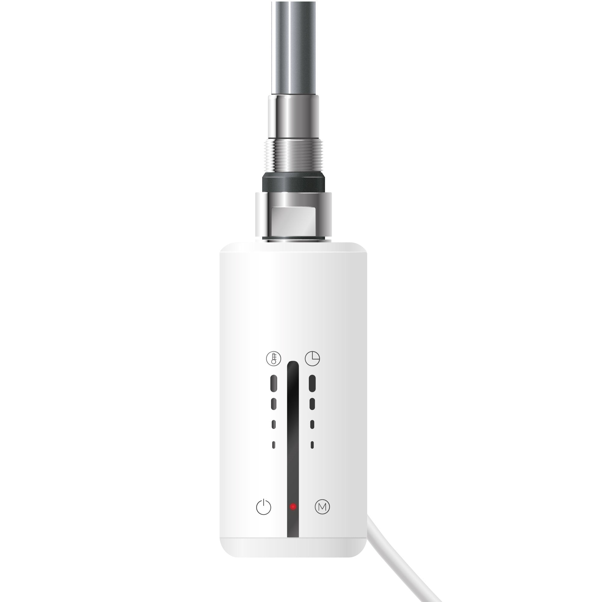 Weißer Heizstab mit Bedienelementen und Kabel.