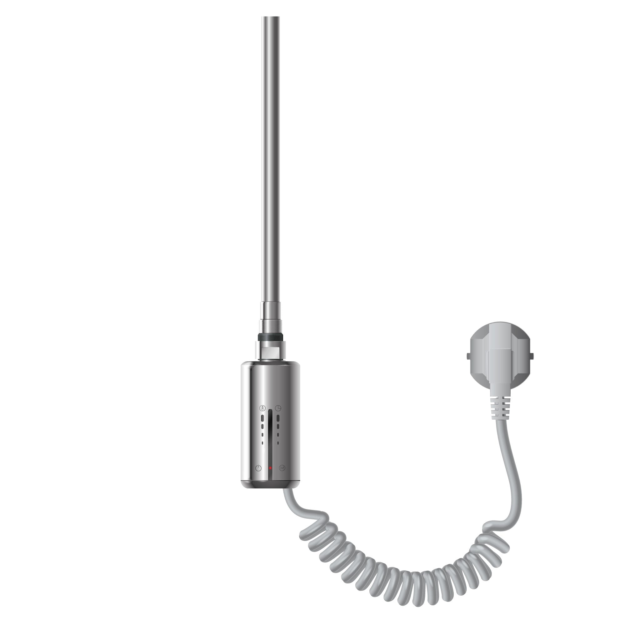 Heizstab mit verchromtem Gehäuse, Kabel und Stecker, auf weißem Hintergrund.