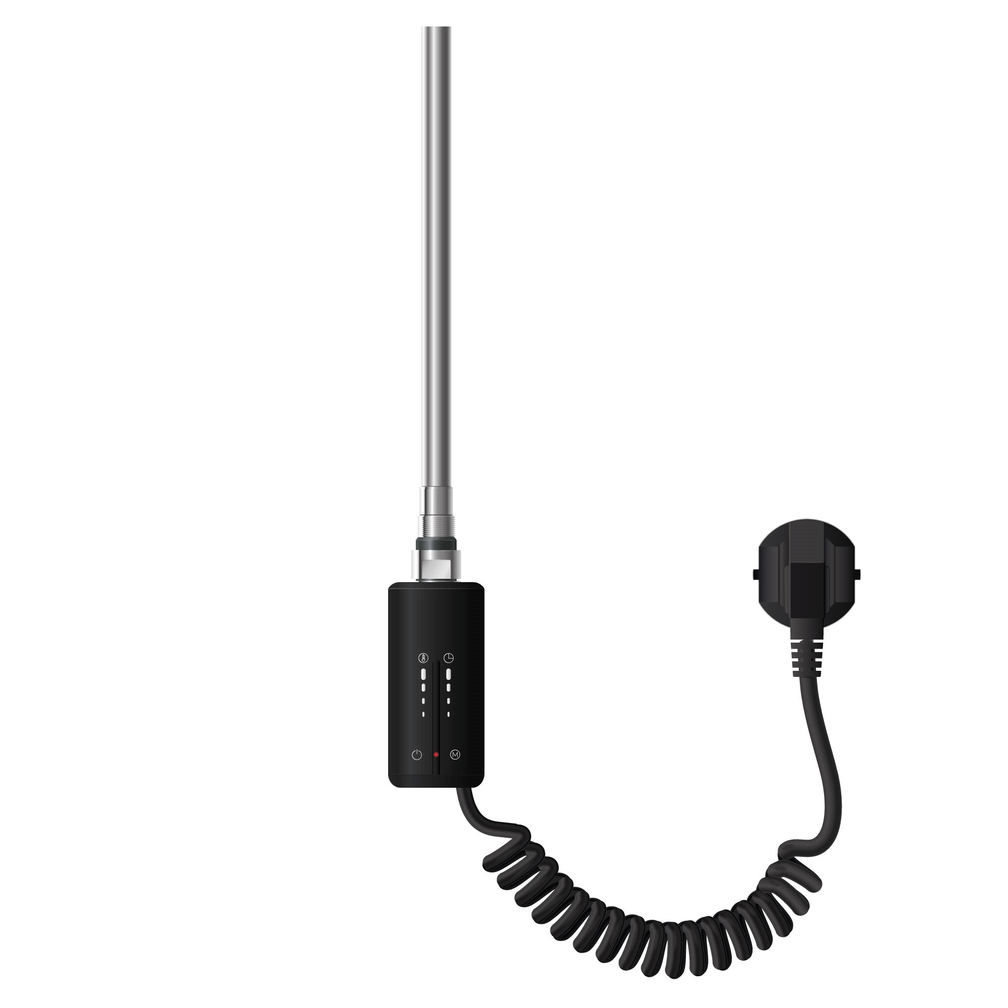 Varmelegeme med et langt, sølvfarvet element og en sort kontrolenhed.