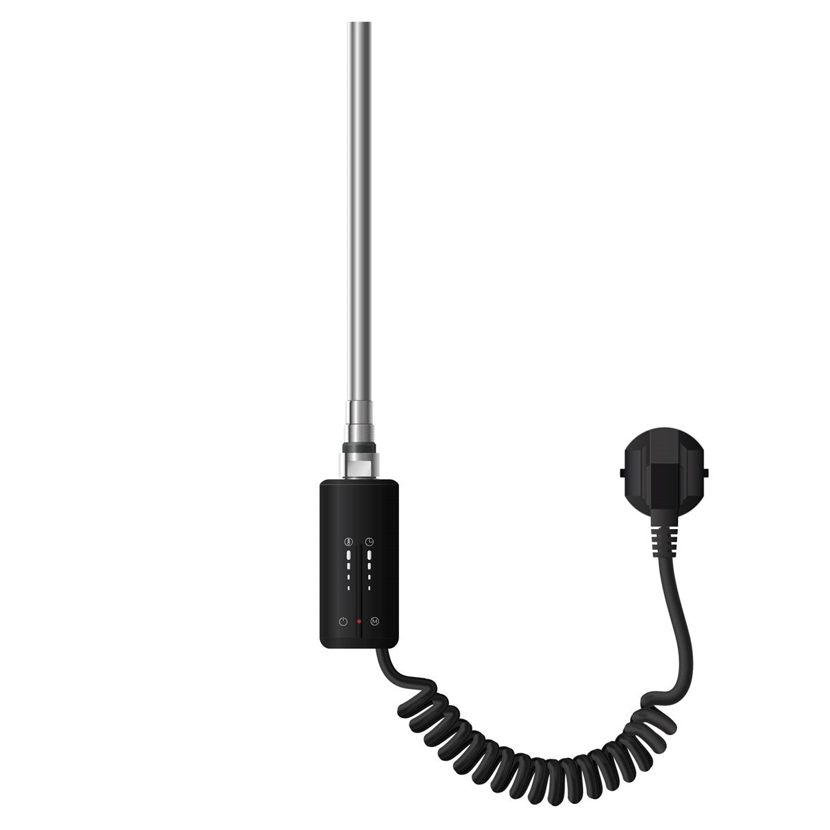 Verwarmingselement met een lang zilverkleurig onderdeel en een zwarte bedieningseenheid.
