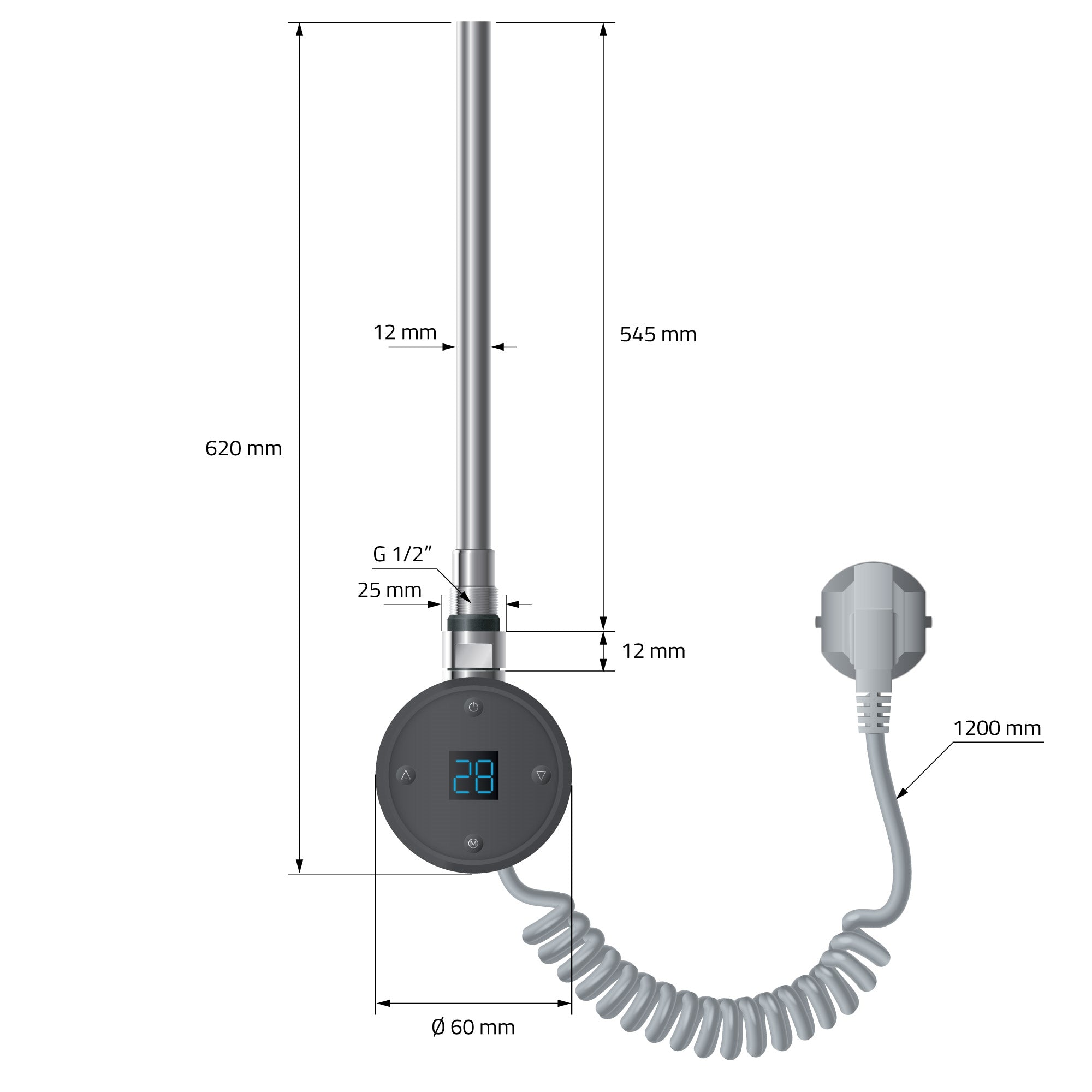 Heating rod with digital display and spiral cable.