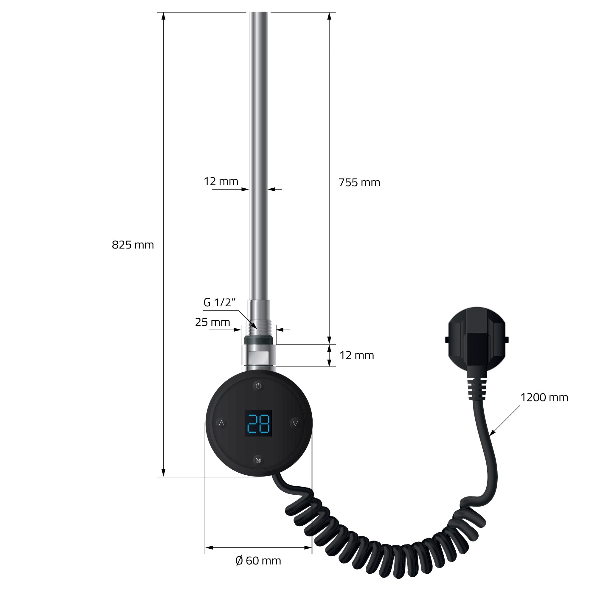 Heating rod with digital display and cable on a white background.