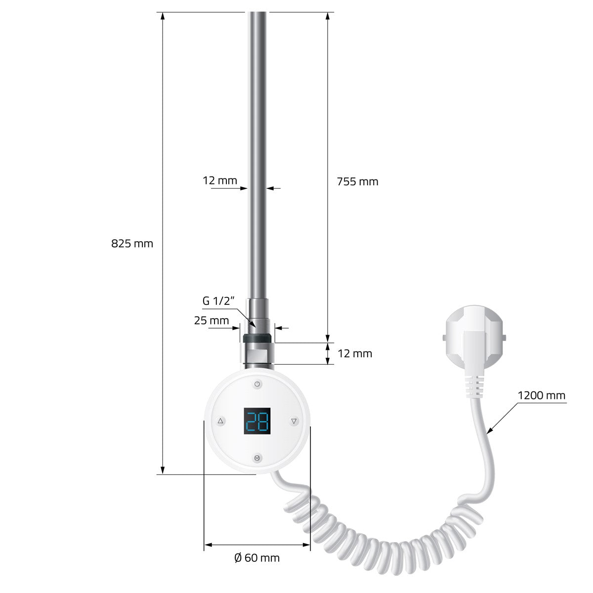 Heizstab in Weiß mit digitalem Display und Spiralkabel.