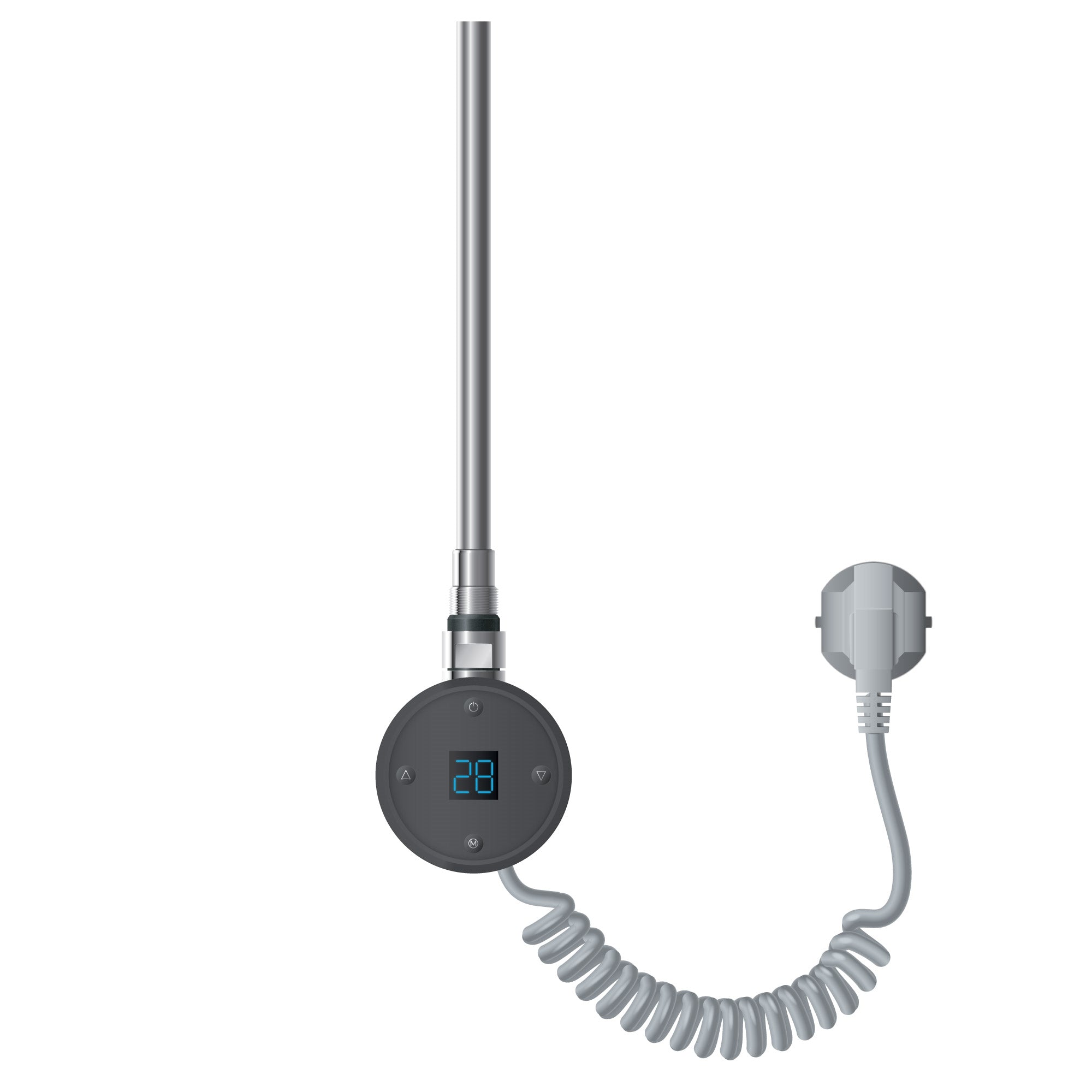 Heating rod in anthracite, clear background, cable visible.