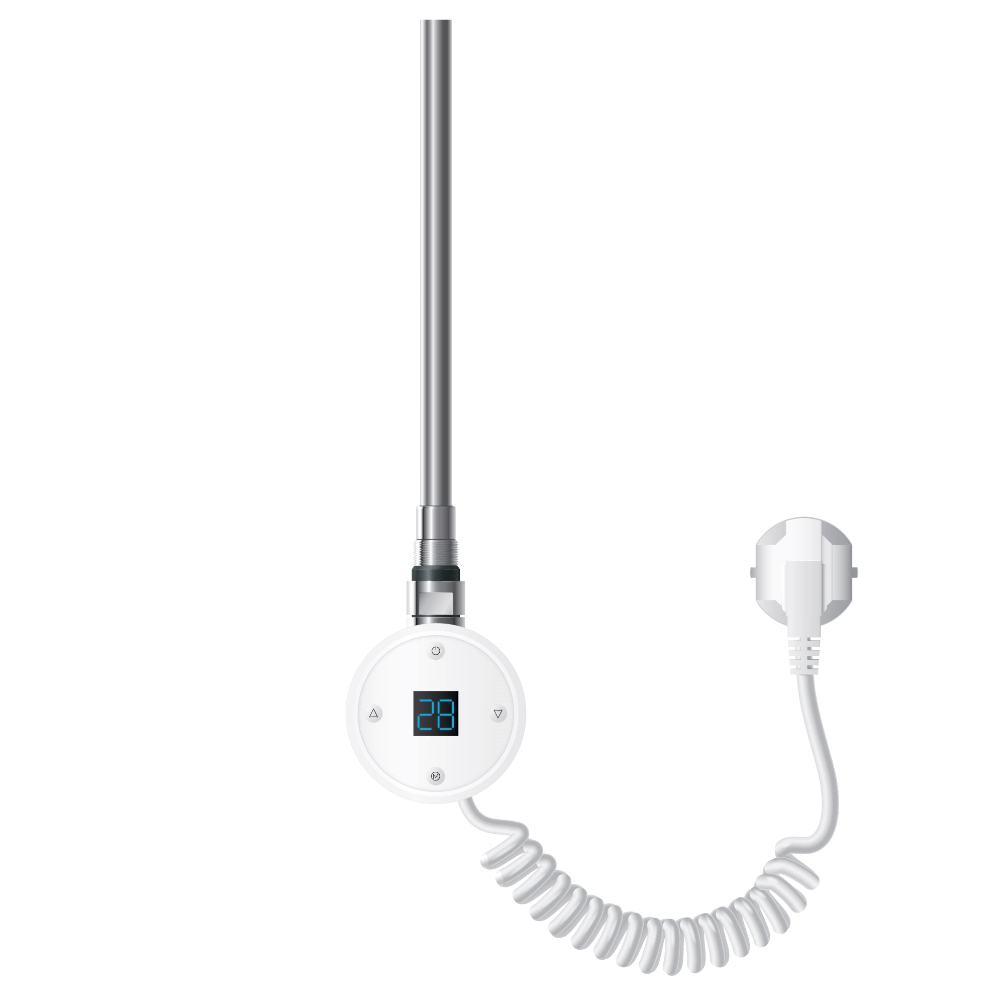 Heizstab in Weiß mit digitalem Display und Spiralkabel.