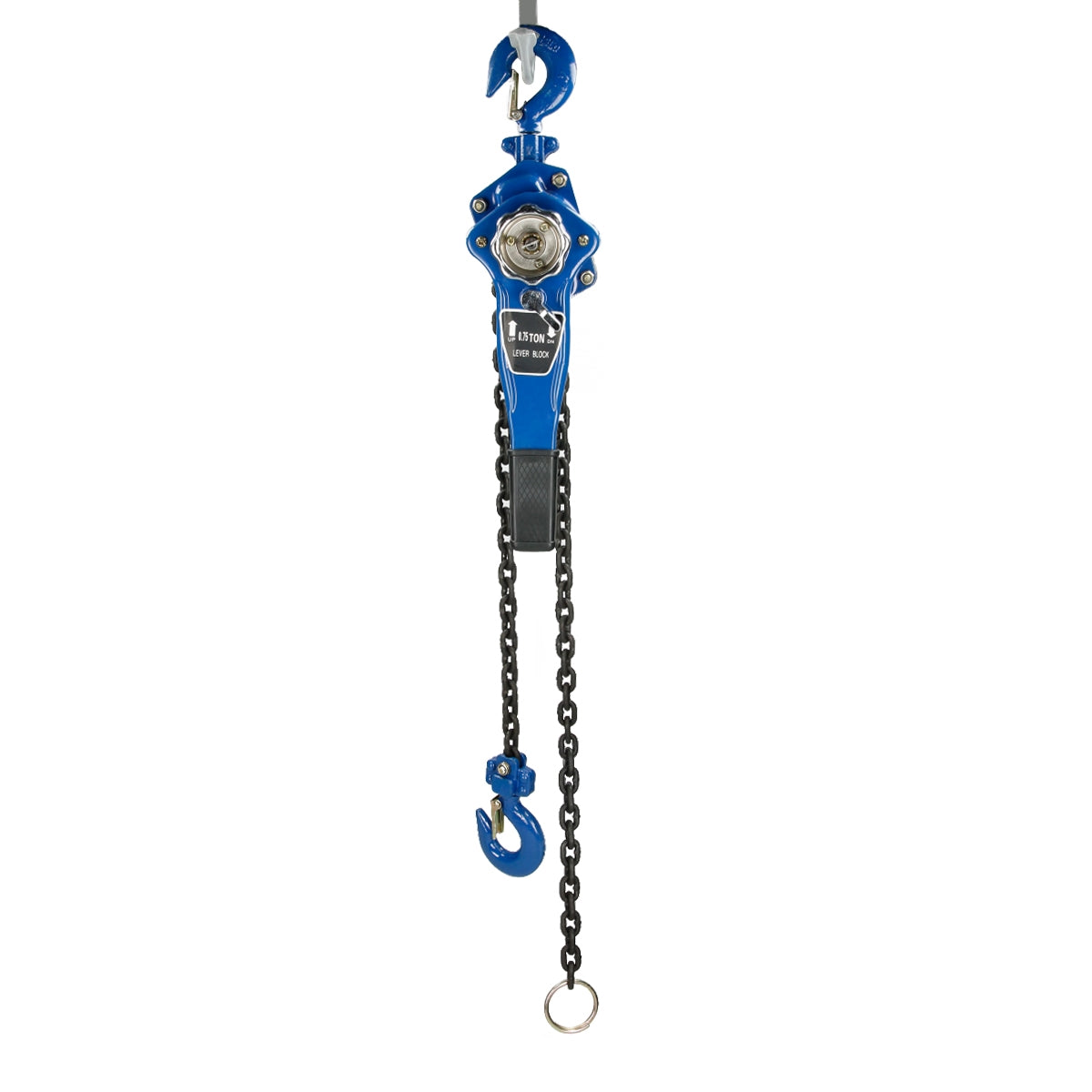 Blauer Flaschenzug mit Kette und Haken, auf weißem Hintergrund.
