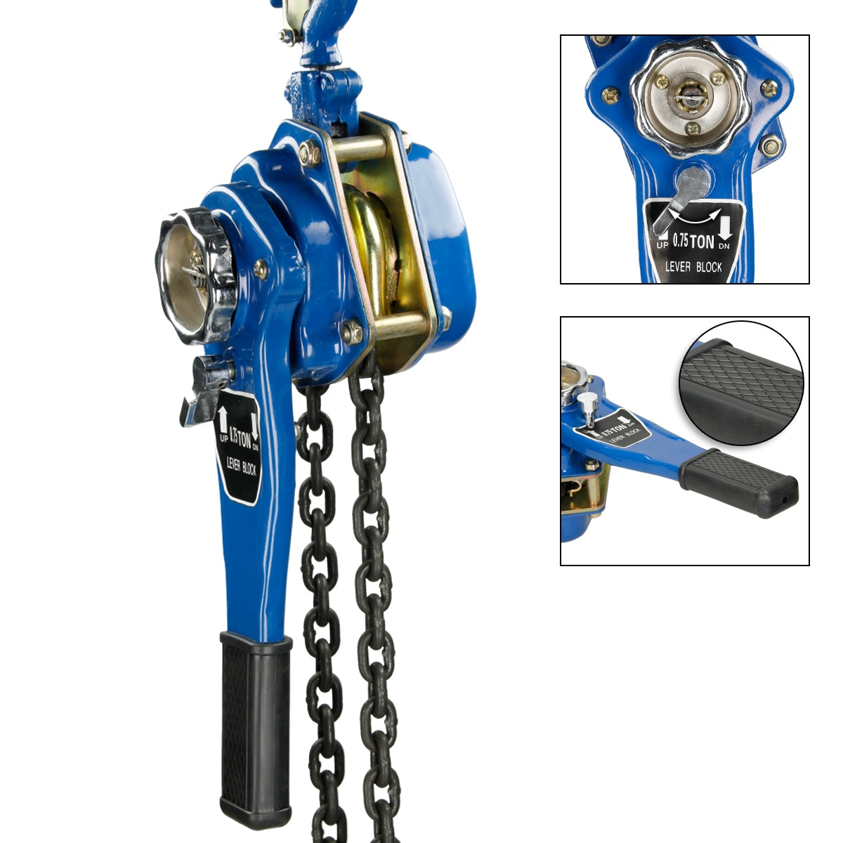 Blauer Handhebel mit Kette und Haken, Detailansicht.