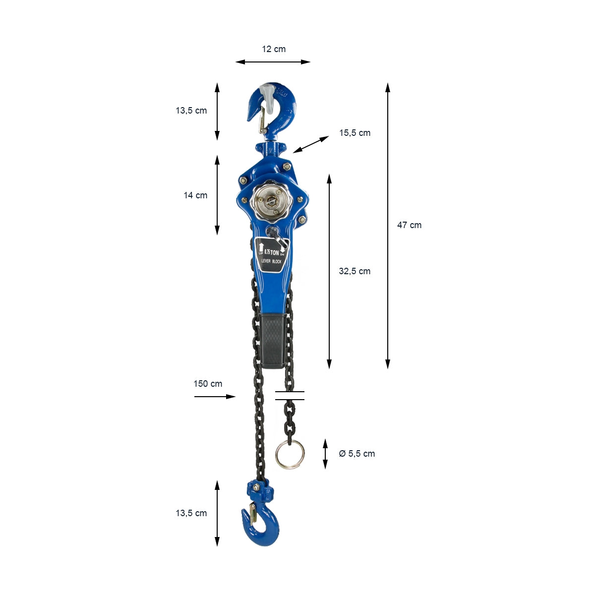 Blauer Handhebel mit Kette und Haken, Maße sind angegeben.