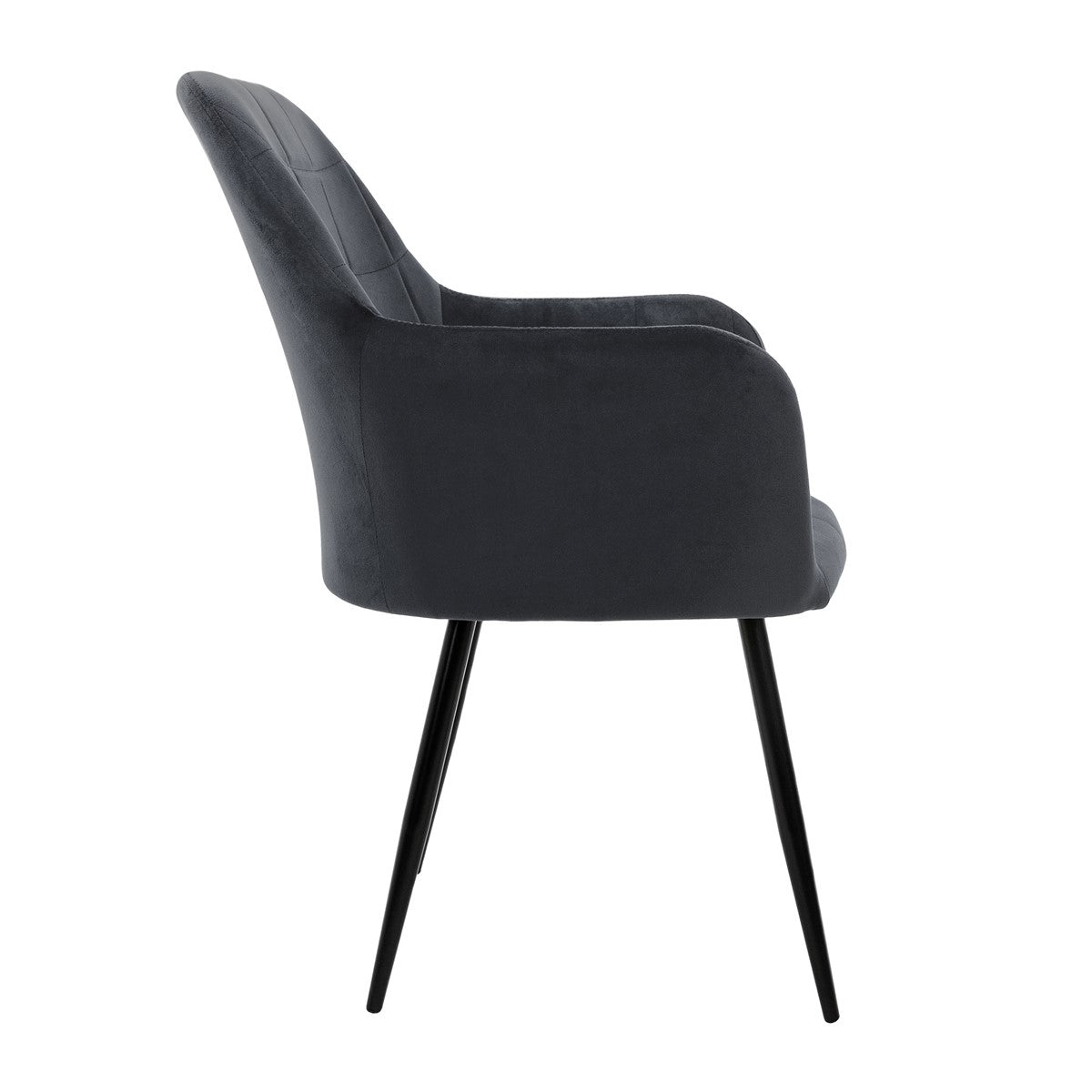 Chaise noire avec accoudoirs hauts et pieds fins, vue de côté.