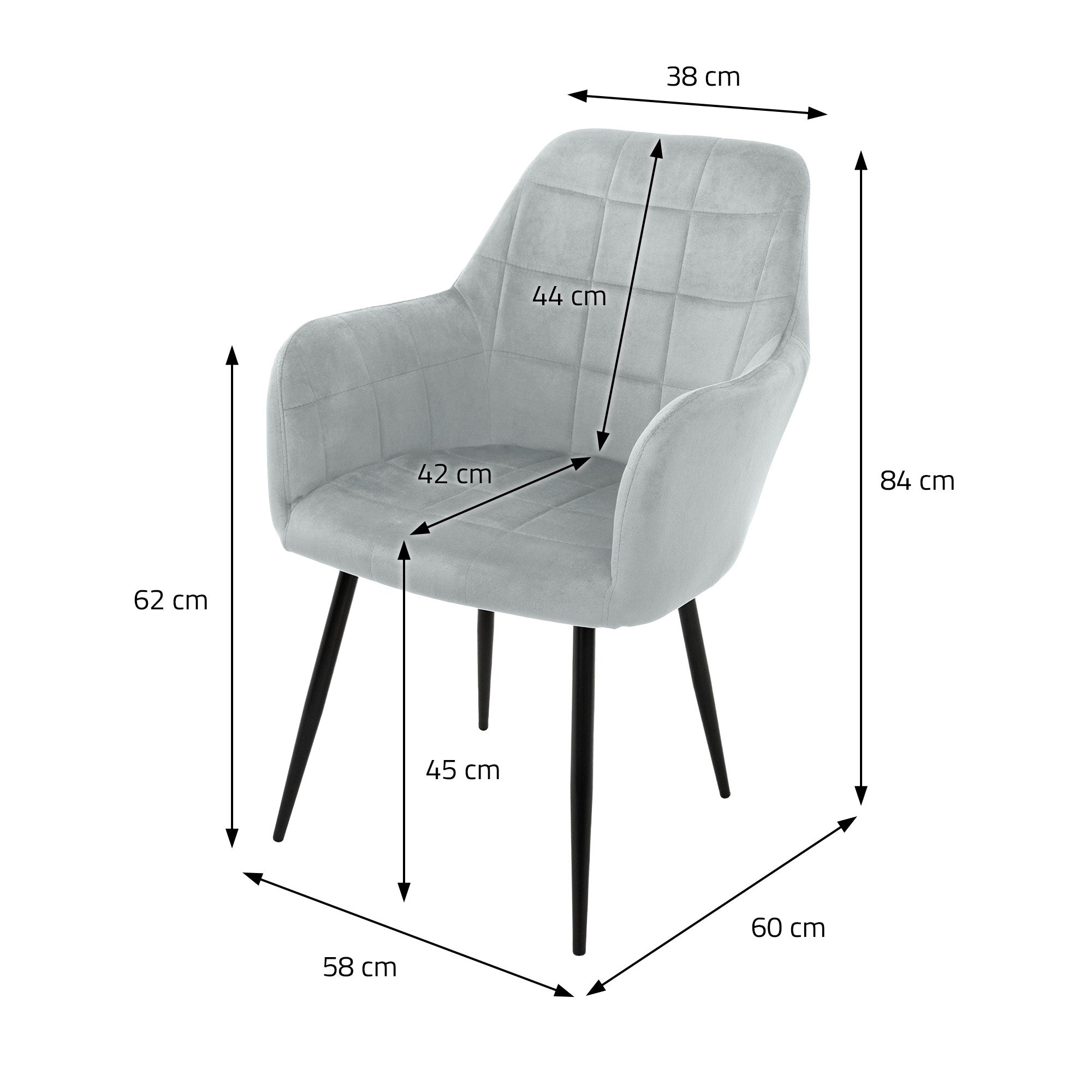 Grauer Stuhl mit Maßangaben: Höhe 84 cm, Breite 60 cm, Tiefe 58 cm.